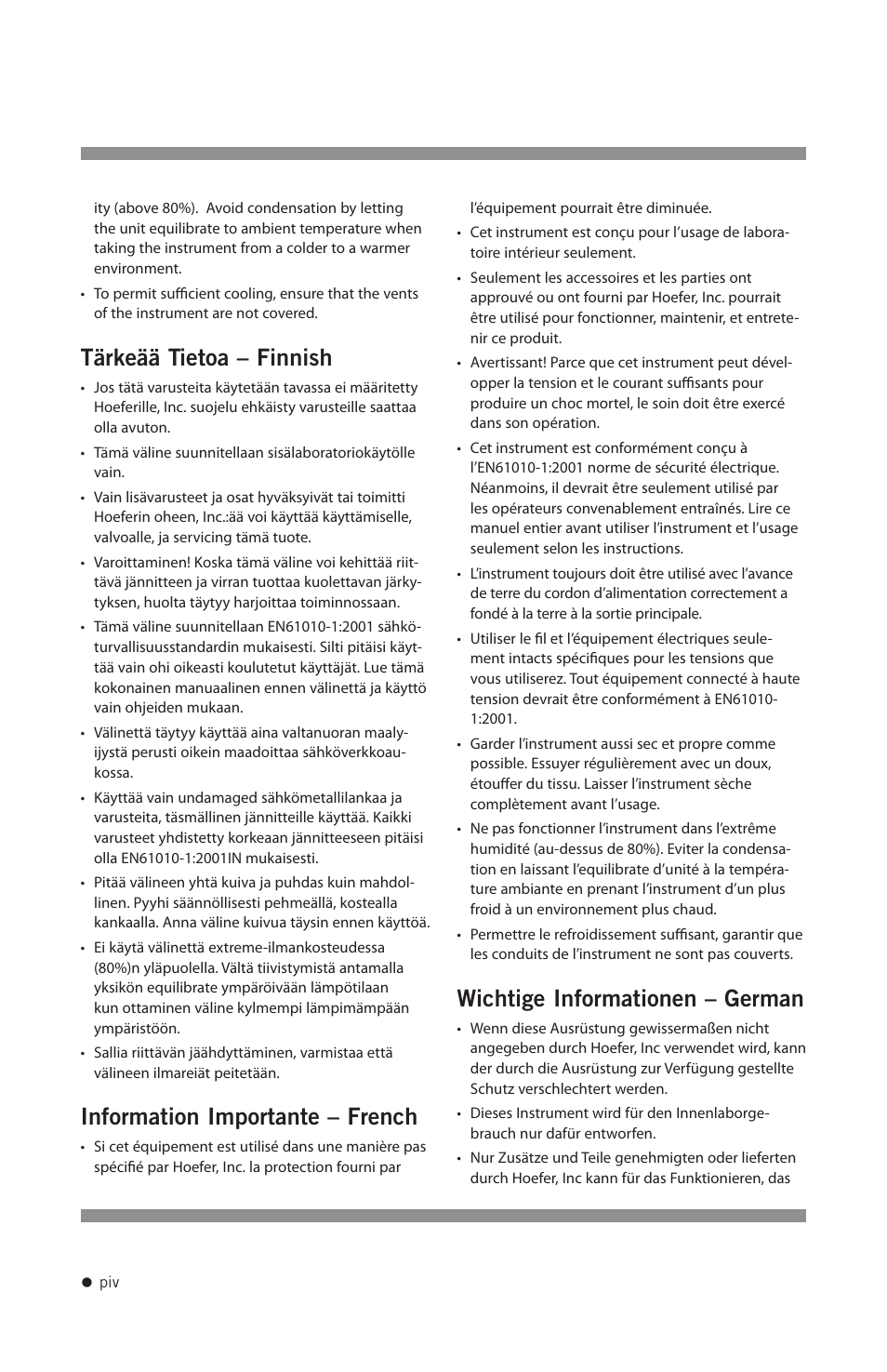 Tärkeää tietoa – finnish, Information importante – french, Wichtige informationen – german | Hoefer UVC500 User Manual | Page 5 / 24