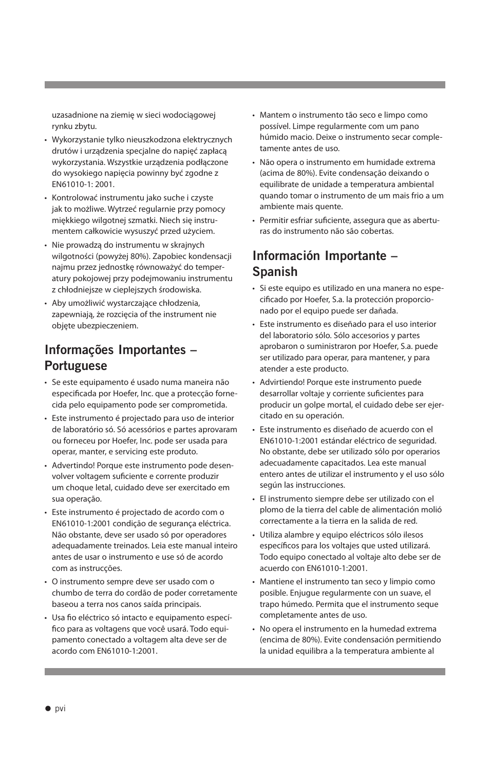 Informações importantes – portuguese, Información importante – spanish | Hoefer UVC500 User Manual | Page 7 / 24