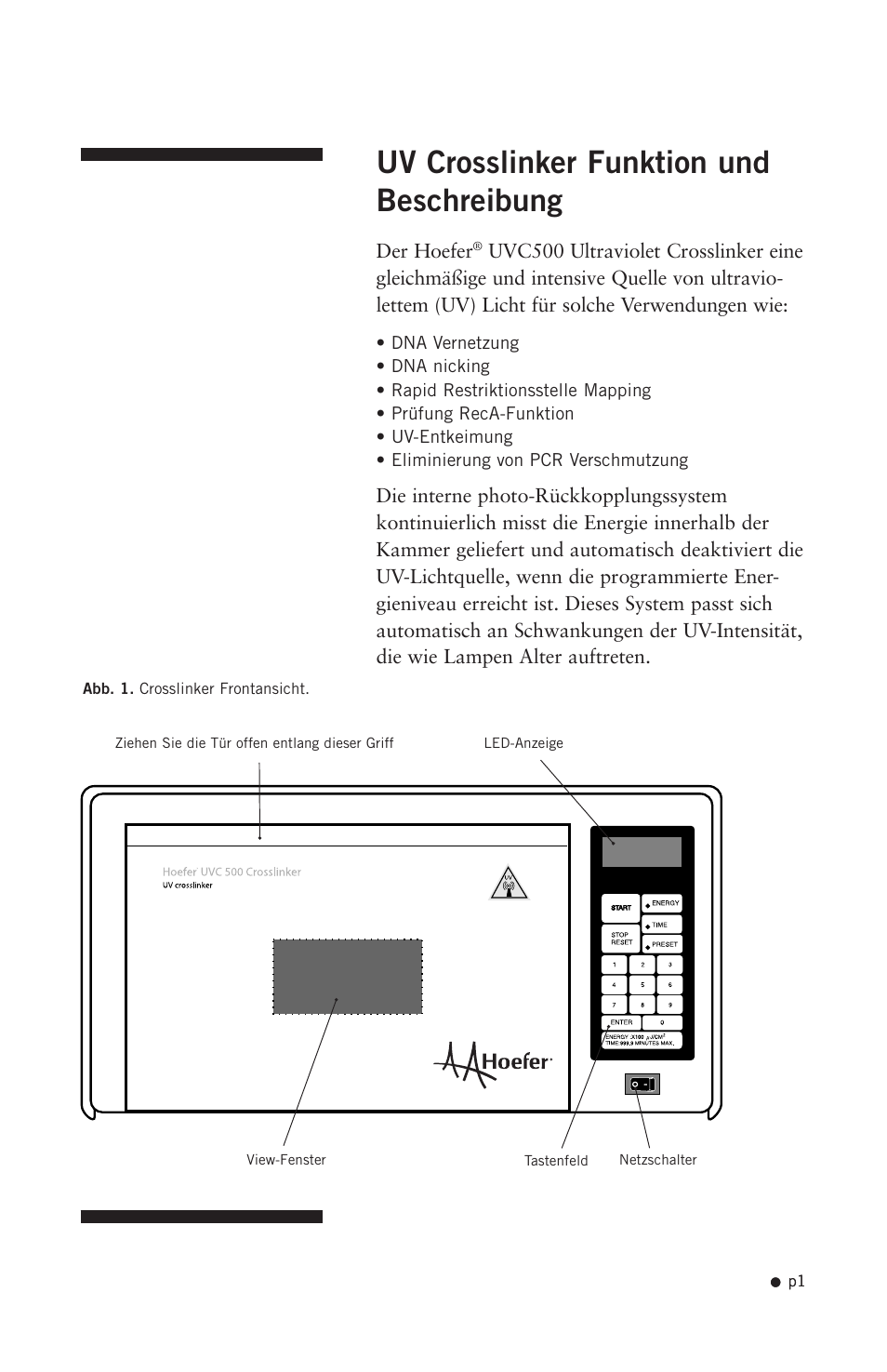 Uv crosslinker funktion und beschreibung | Hoefer UVC500 User Manual | Page 10 / 24