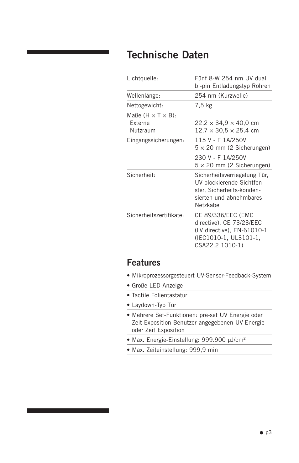 Technische daten, Features | Hoefer UVC500 User Manual | Page 12 / 24
