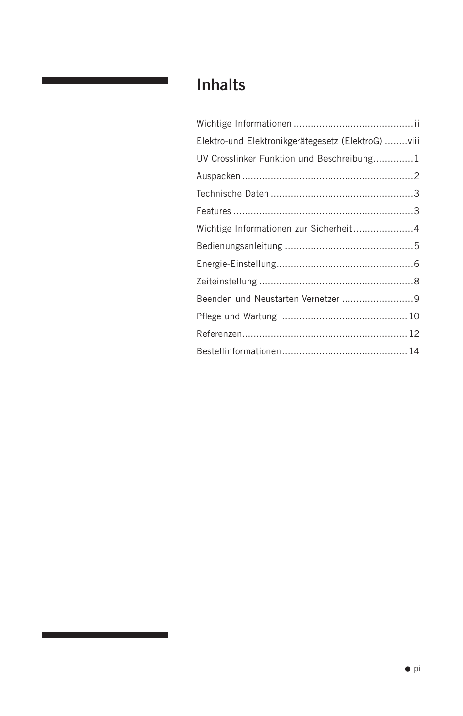 Inhalts | Hoefer UVC500 User Manual | Page 2 / 24