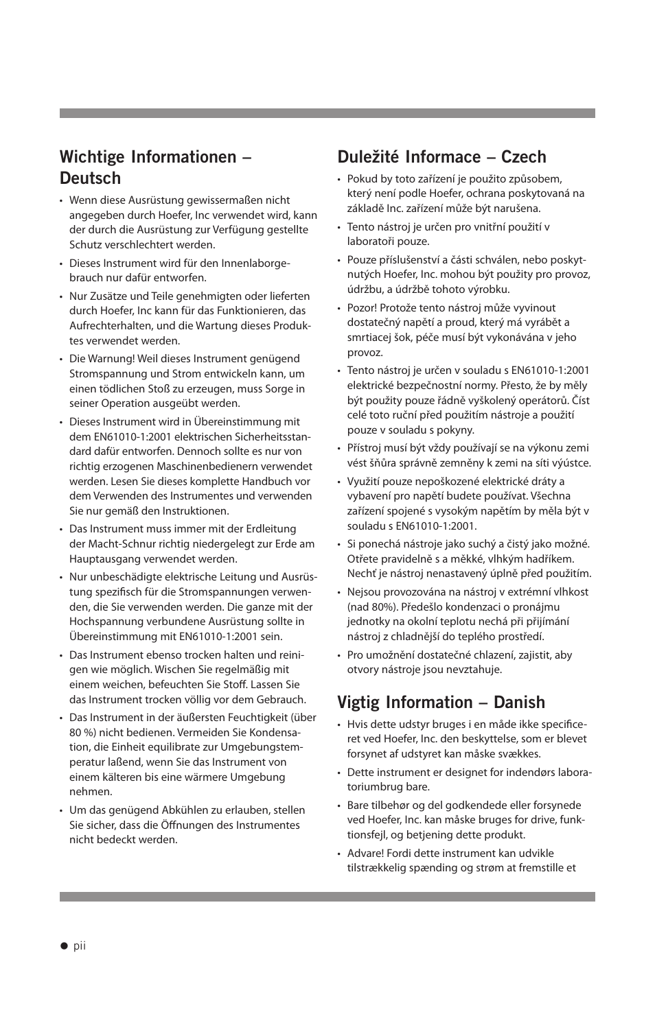 Wichtige informationen – deutsch, Duležité informace – czech, Vigtig information – danish | Hoefer UVC500 User Manual | Page 3 / 24