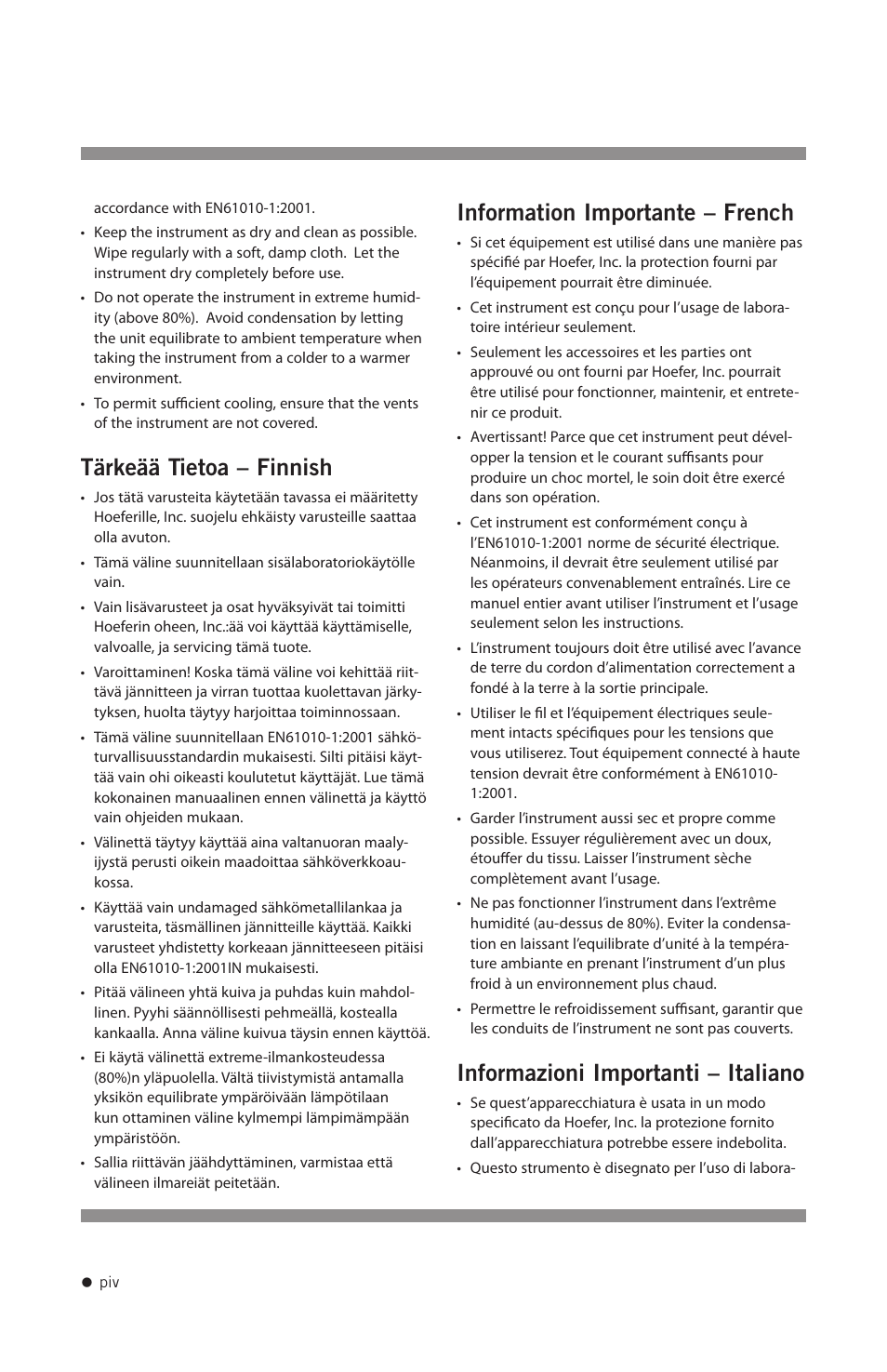 Tärkeää tietoa – finnish, Information importante – french, Informazioni importanti – italiano | Hoefer UVC500 User Manual | Page 5 / 24