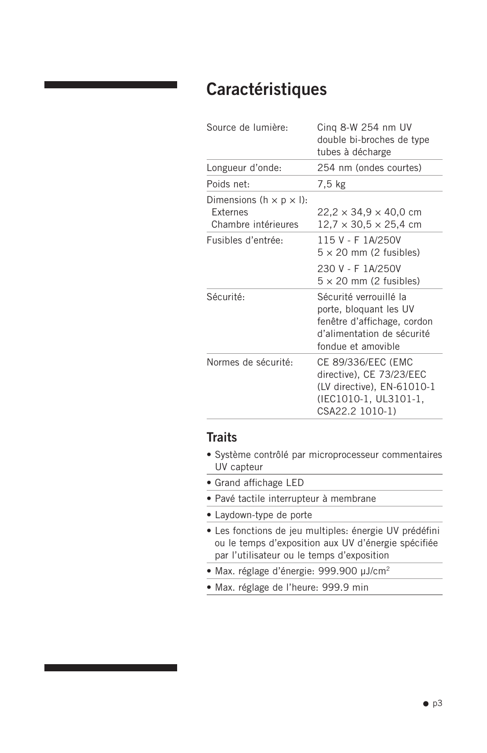 Caractéristiques, Traits | Hoefer UVC500 User Manual | Page 12 / 24