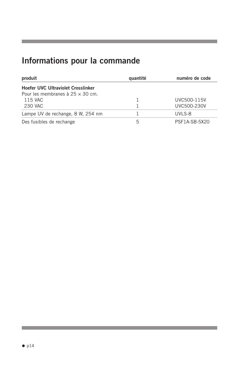 Informations pour la commande | Hoefer UVC500 User Manual | Page 23 / 24