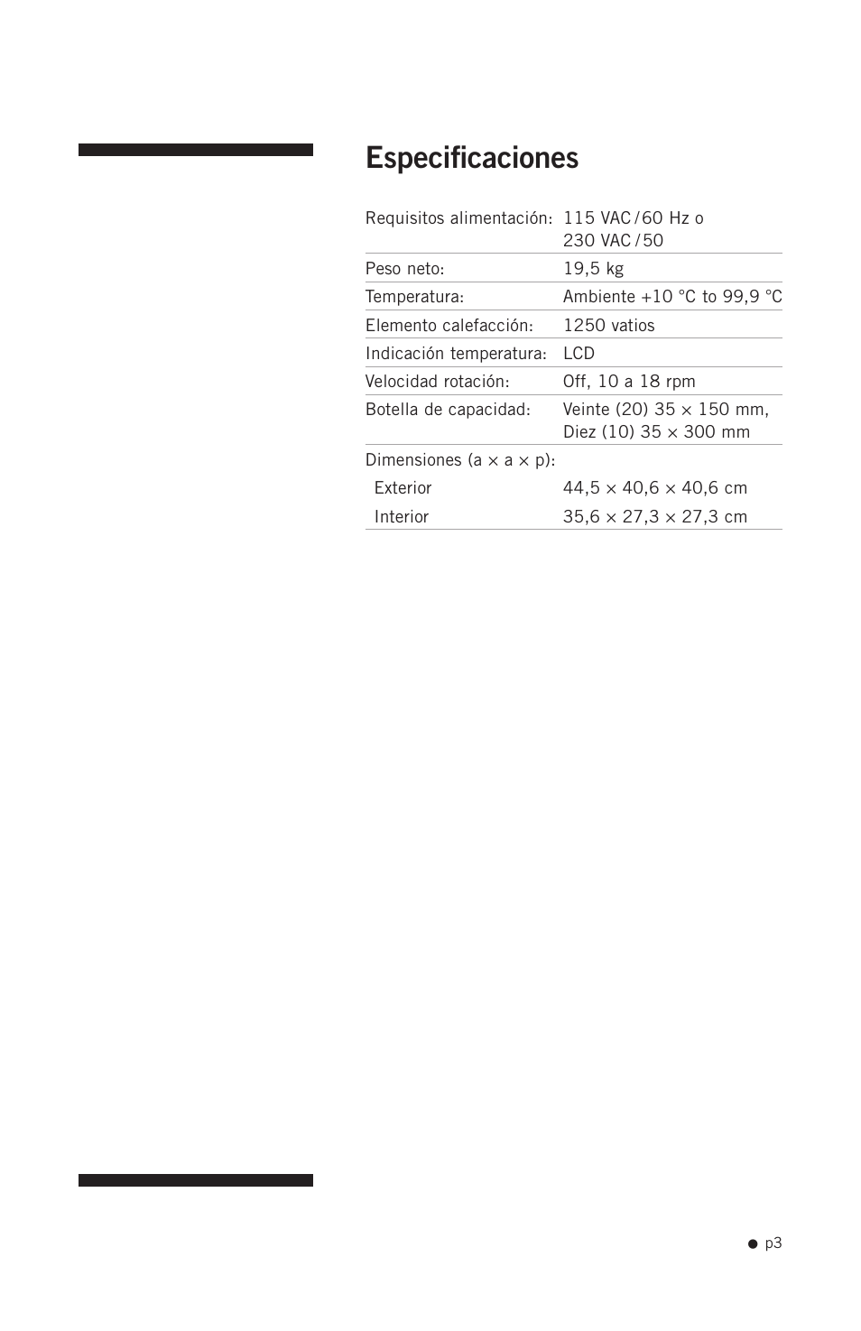 Especificaciones | Hoefer HB1000 User Manual | Page 12 / 31