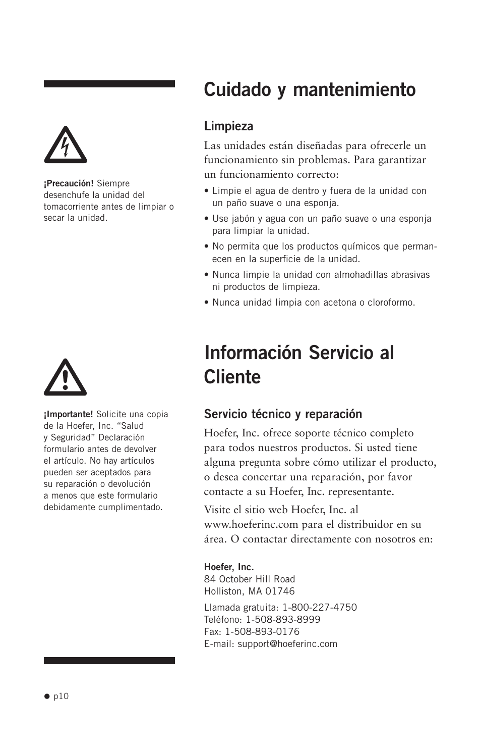Cuidado y mantenimiento, Información servicio al cliente | Hoefer HB1000 User Manual | Page 19 / 31