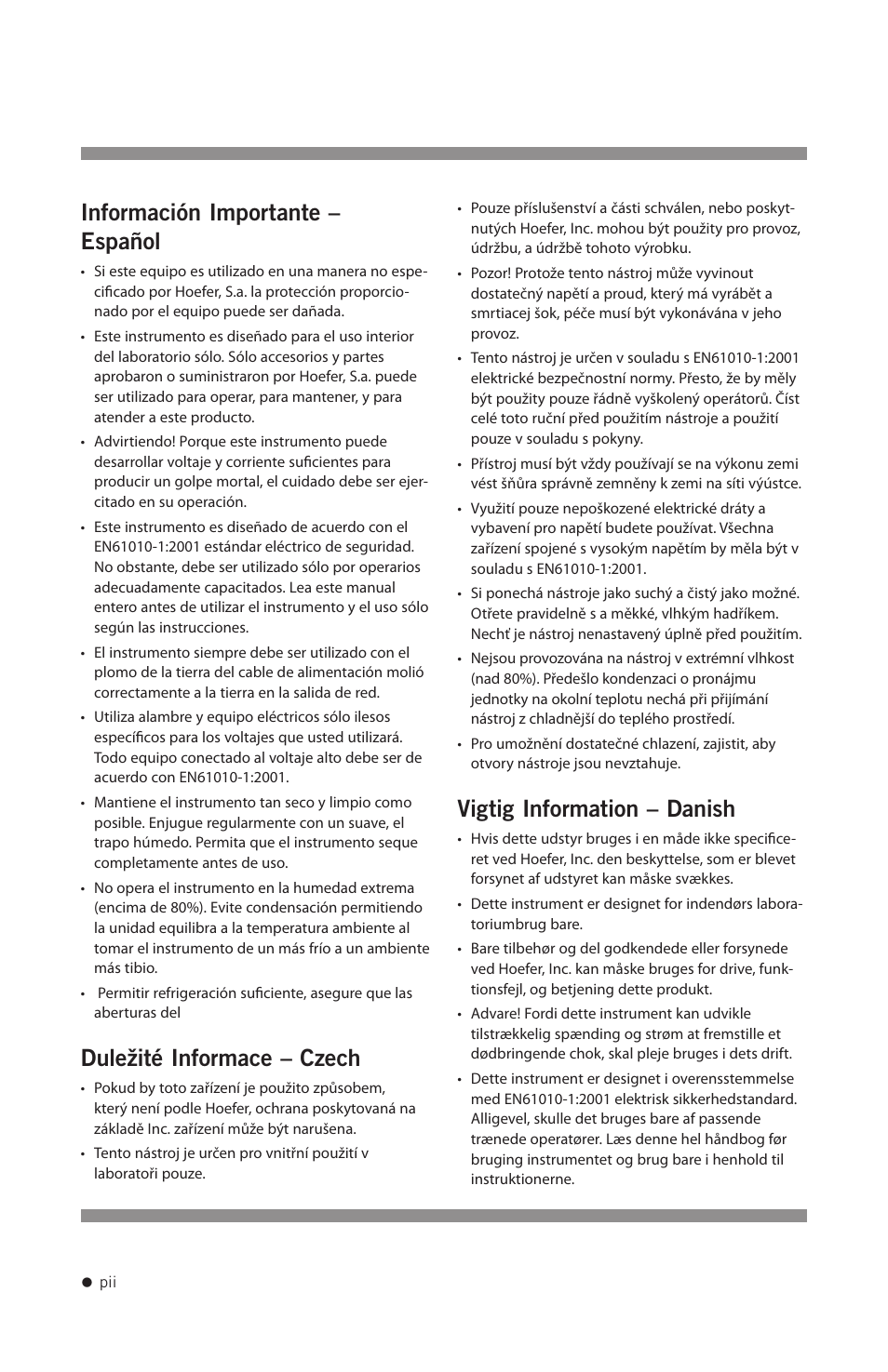 Información importante – español, Duležité informace – czech, Vigtig information – danish | Hoefer HB1000 User Manual | Page 3 / 31