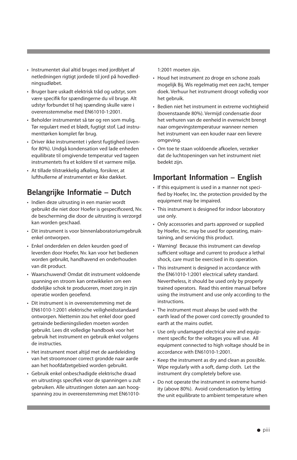 Belangrijke informatie – dutch, Important information – english | Hoefer HB1000 User Manual | Page 4 / 31