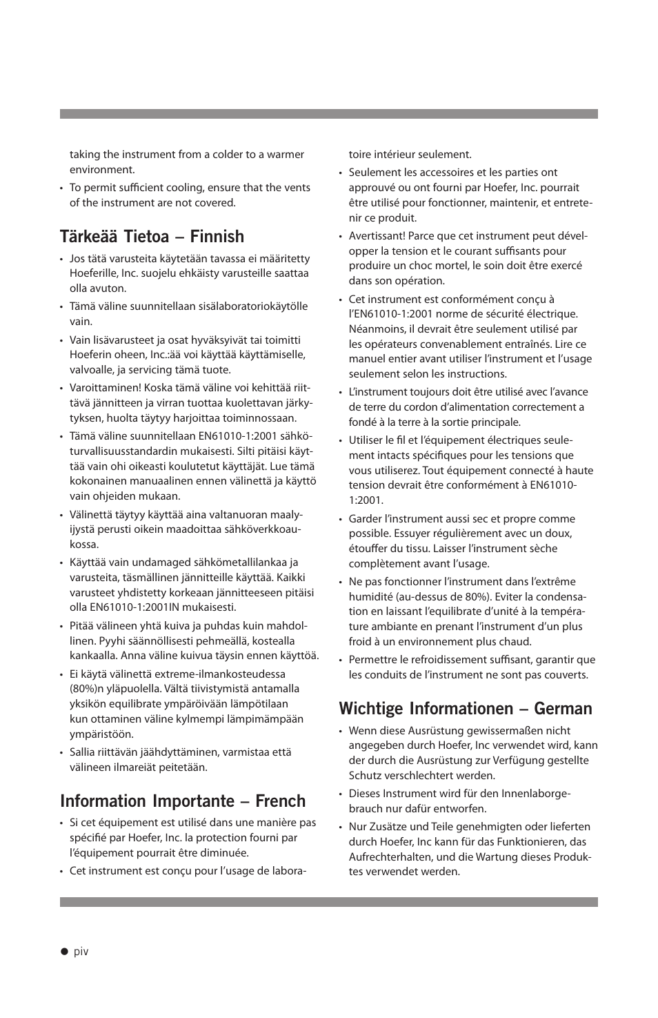 Tärkeää tietoa – finnish, Information importante – french, Wichtige informationen – german | Hoefer HB1000 User Manual | Page 5 / 31