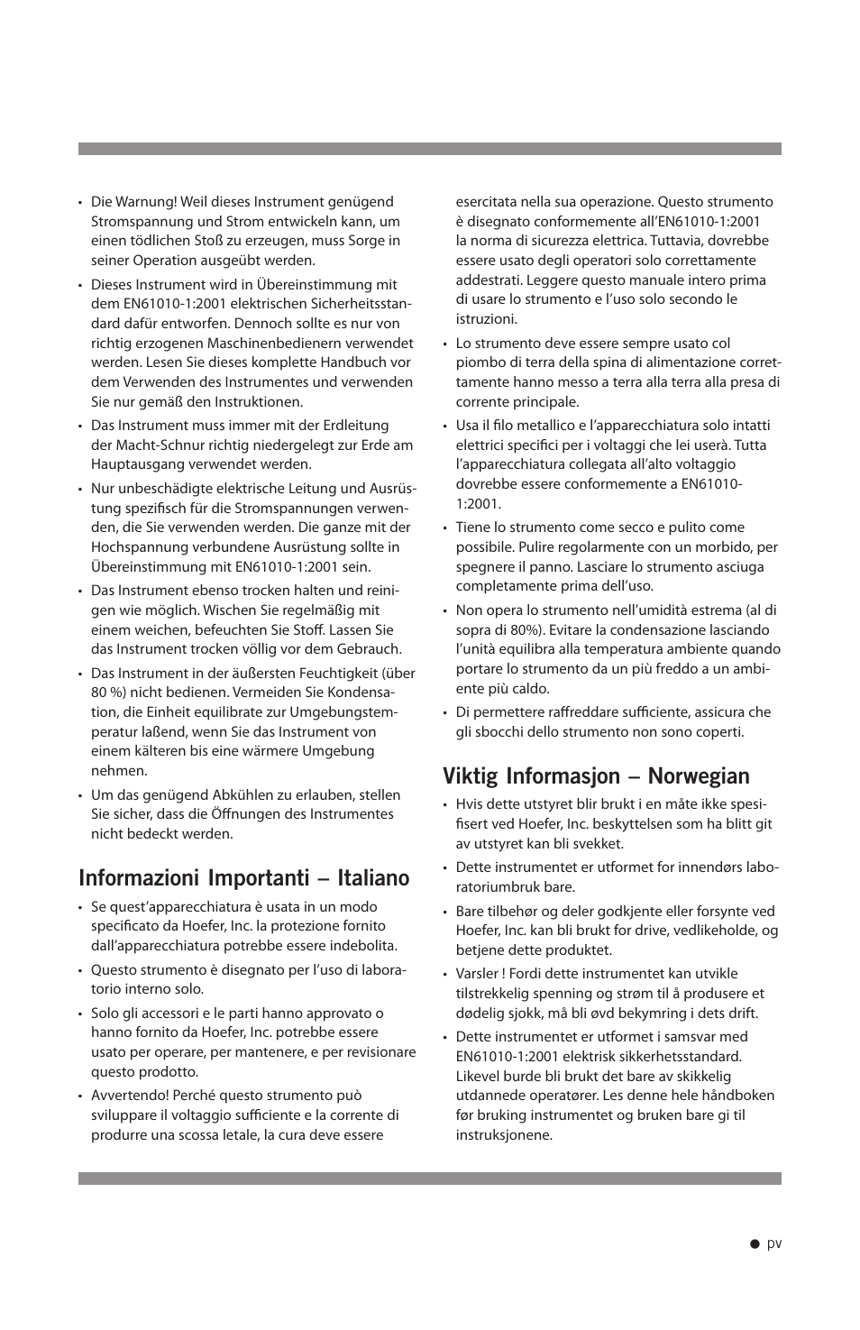 Informazioni importanti – italiano, Viktig informasjon – norwegian | Hoefer HB1000 User Manual | Page 6 / 31