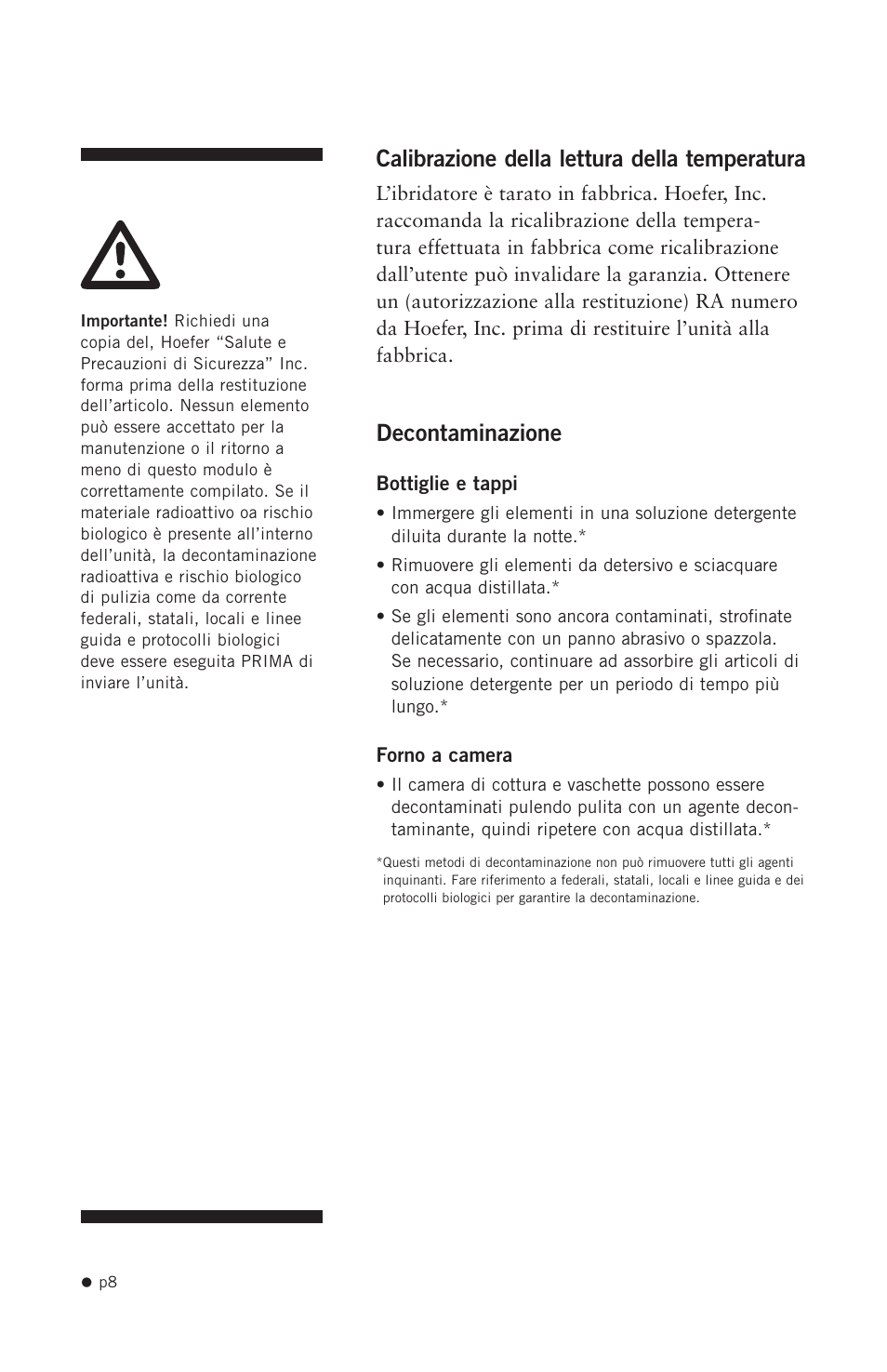 Calibrazione della lettura della temperatura, Decontaminazione | Hoefer HB1000 User Manual | Page 17 / 31