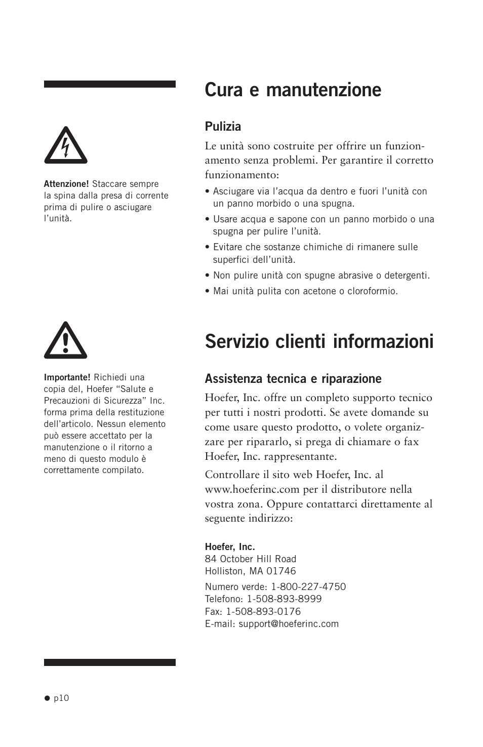 Cura e manutenzione, Servizio clienti informazioni | Hoefer HB1000 User Manual | Page 19 / 31
