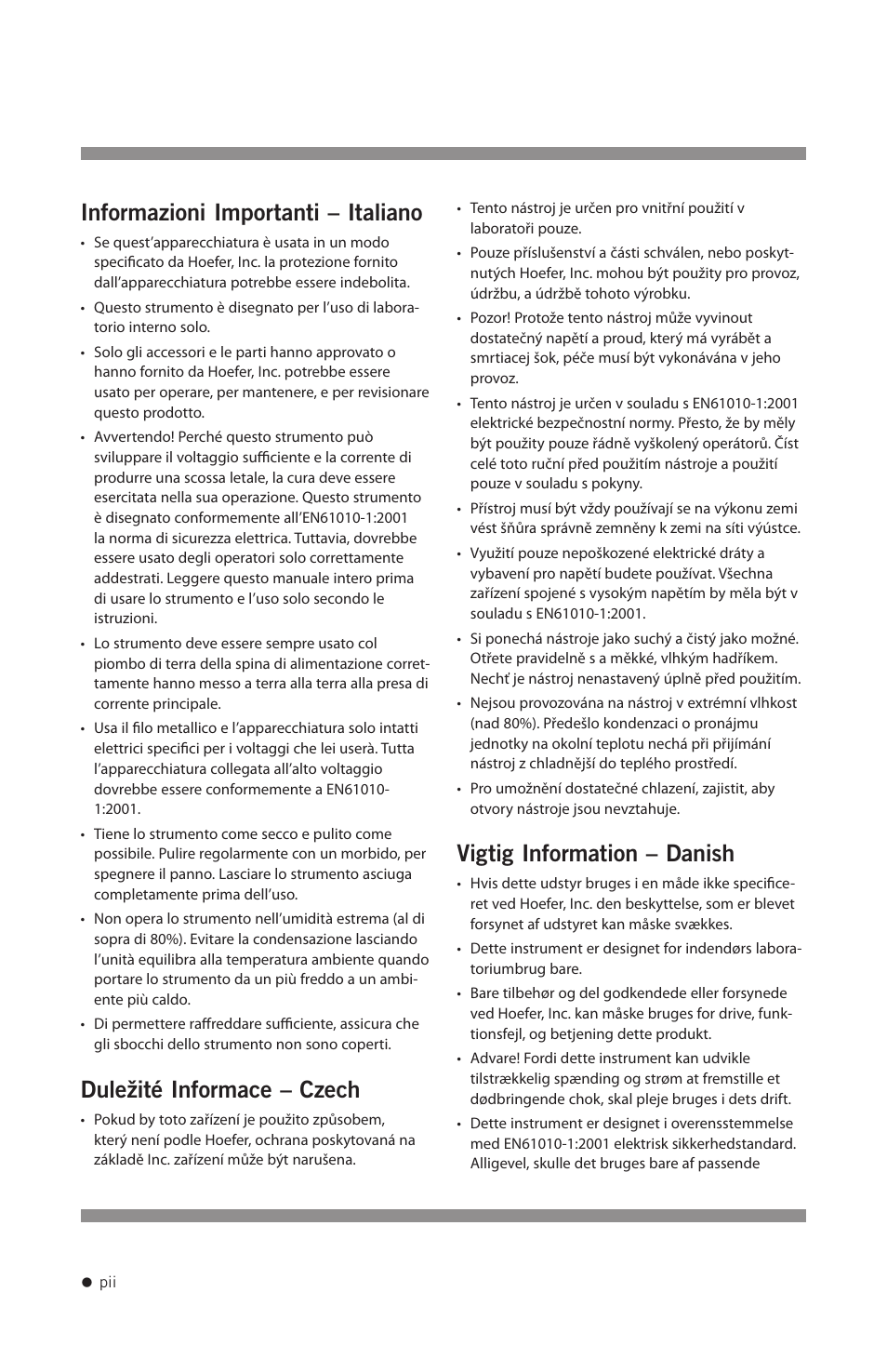 Informazioni importanti – italiano, Duležité informace – czech, Vigtig information – danish | Hoefer HB1000 User Manual | Page 3 / 31