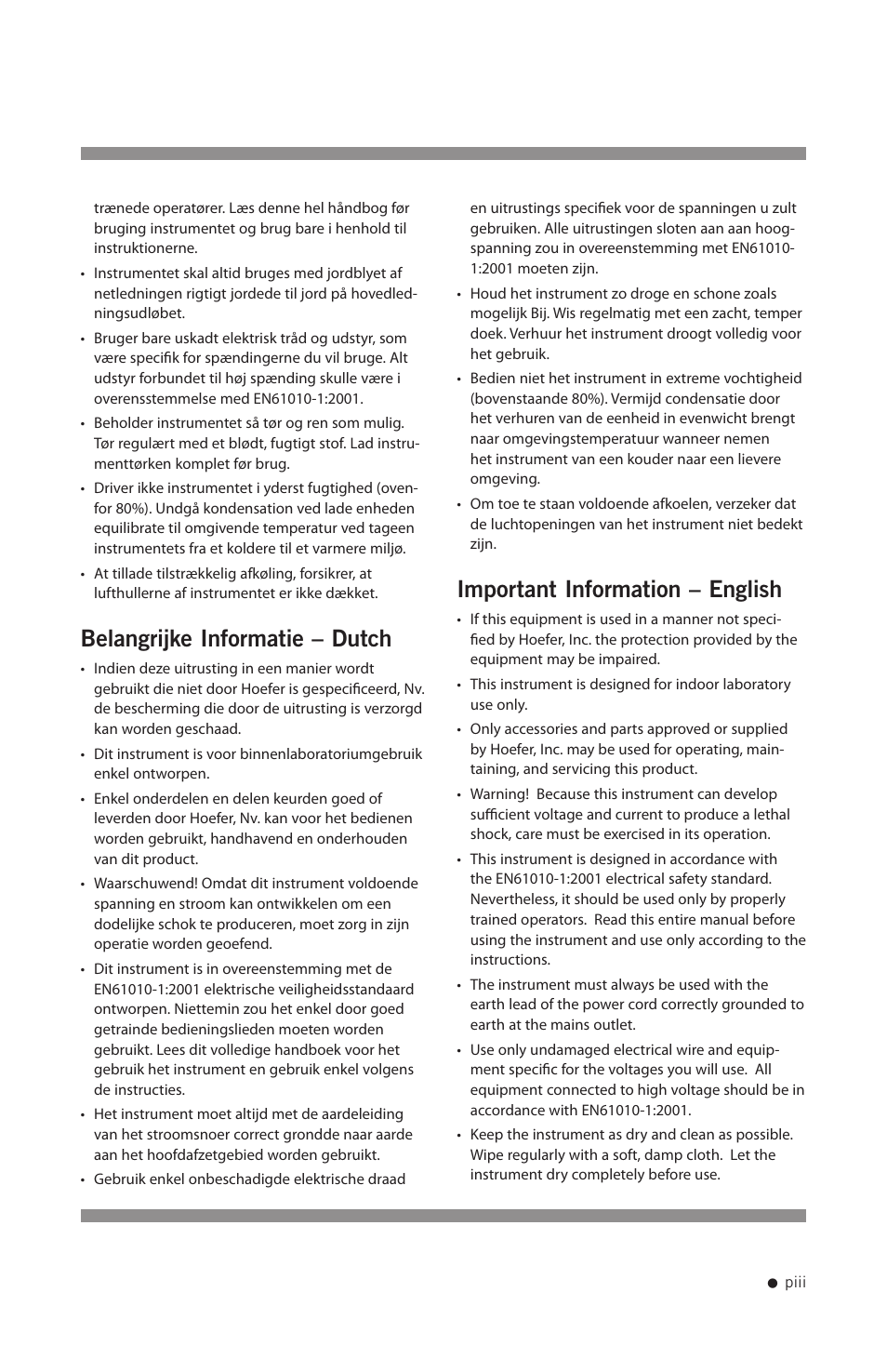 Belangrijke informatie – dutch, Important information – english | Hoefer HB1000 User Manual | Page 4 / 31