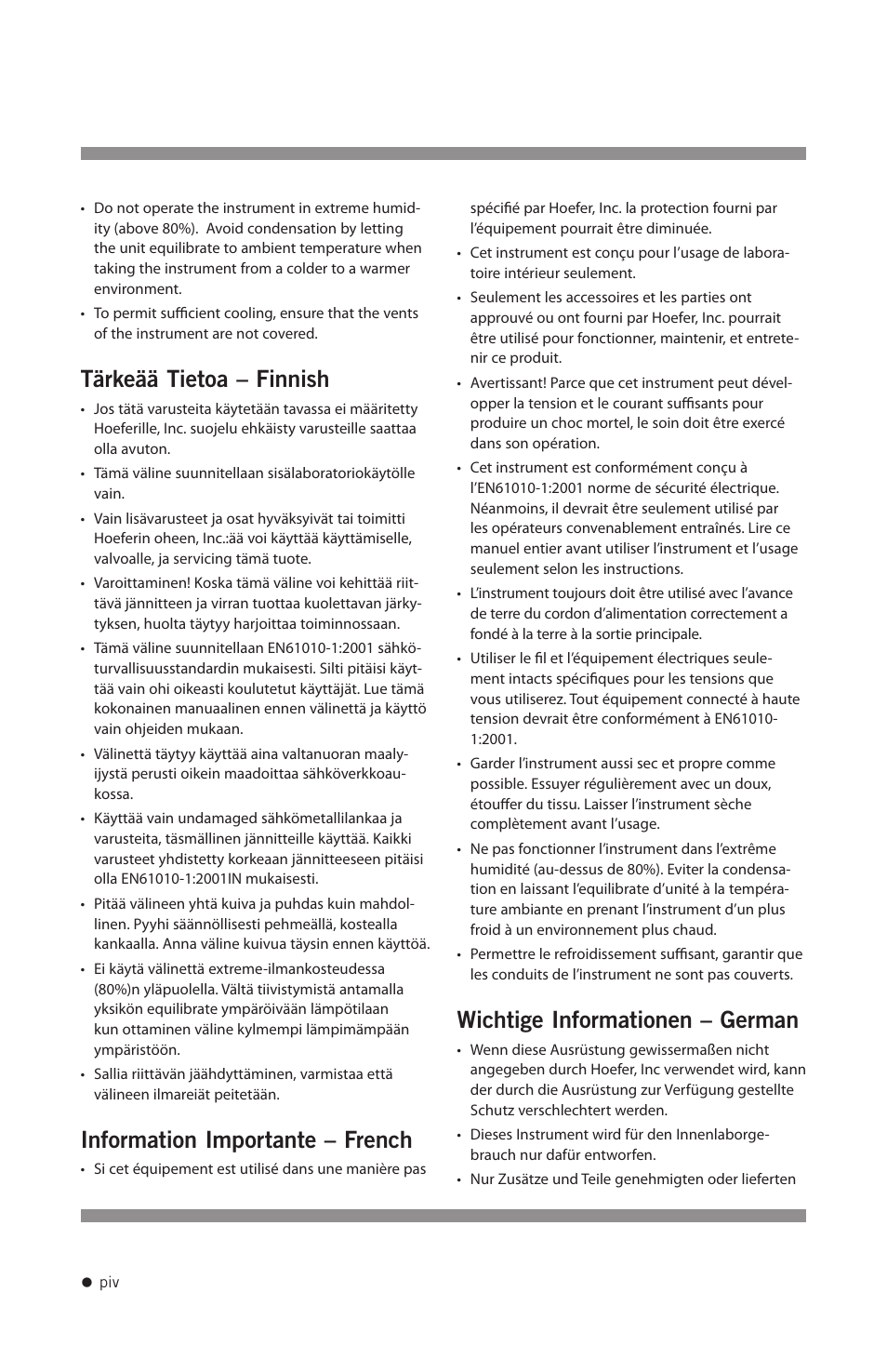 Tärkeää tietoa – finnish, Information importante – french, Wichtige informationen – german | Hoefer HB1000 User Manual | Page 5 / 31