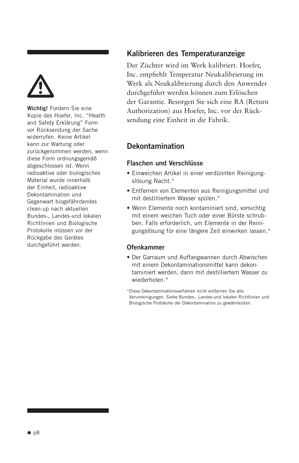 Kalibrieren des temperaturanzeige, Dekontamination | Hoefer HB1000 User Manual | Page 17 / 31