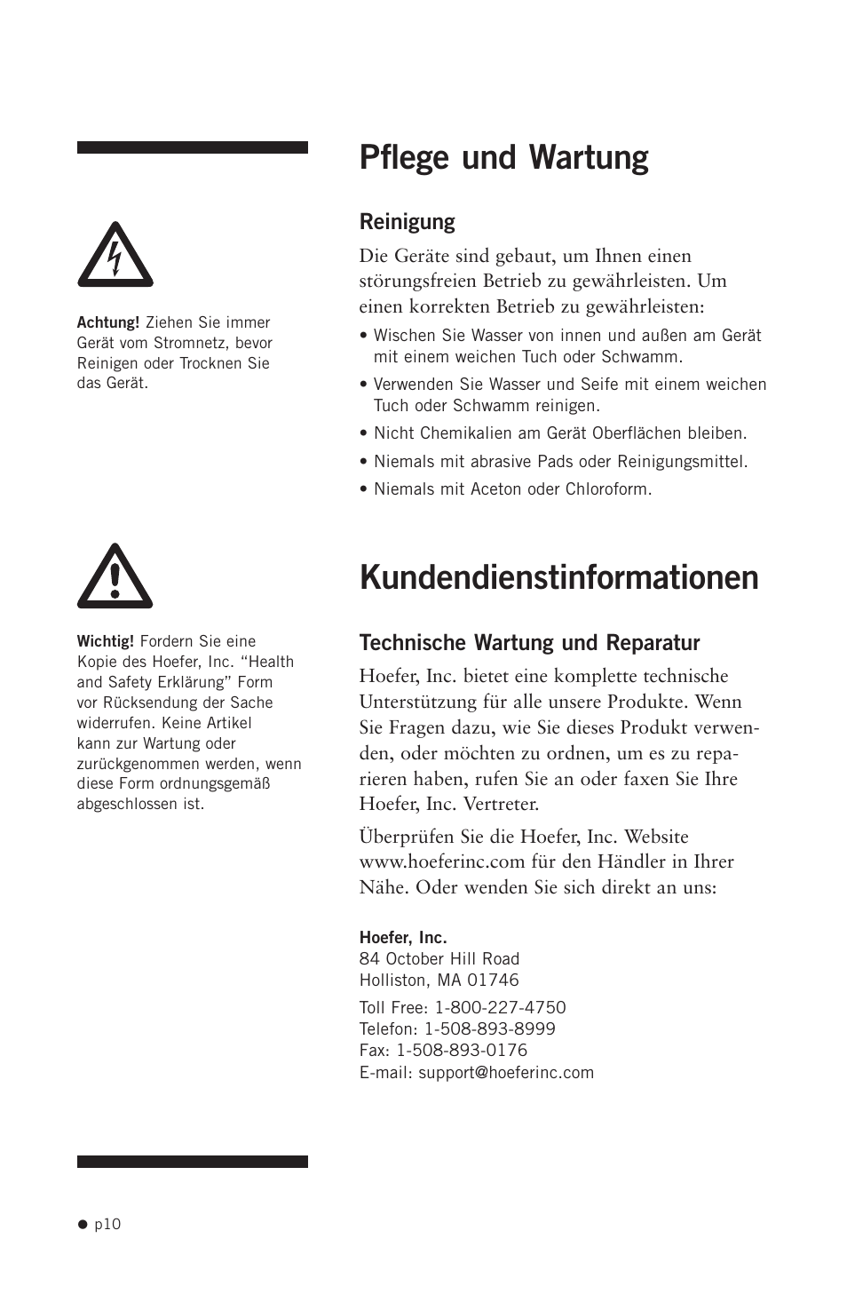 Pflege und wartung, Kundendienstinformationen | Hoefer HB1000 User Manual | Page 19 / 31