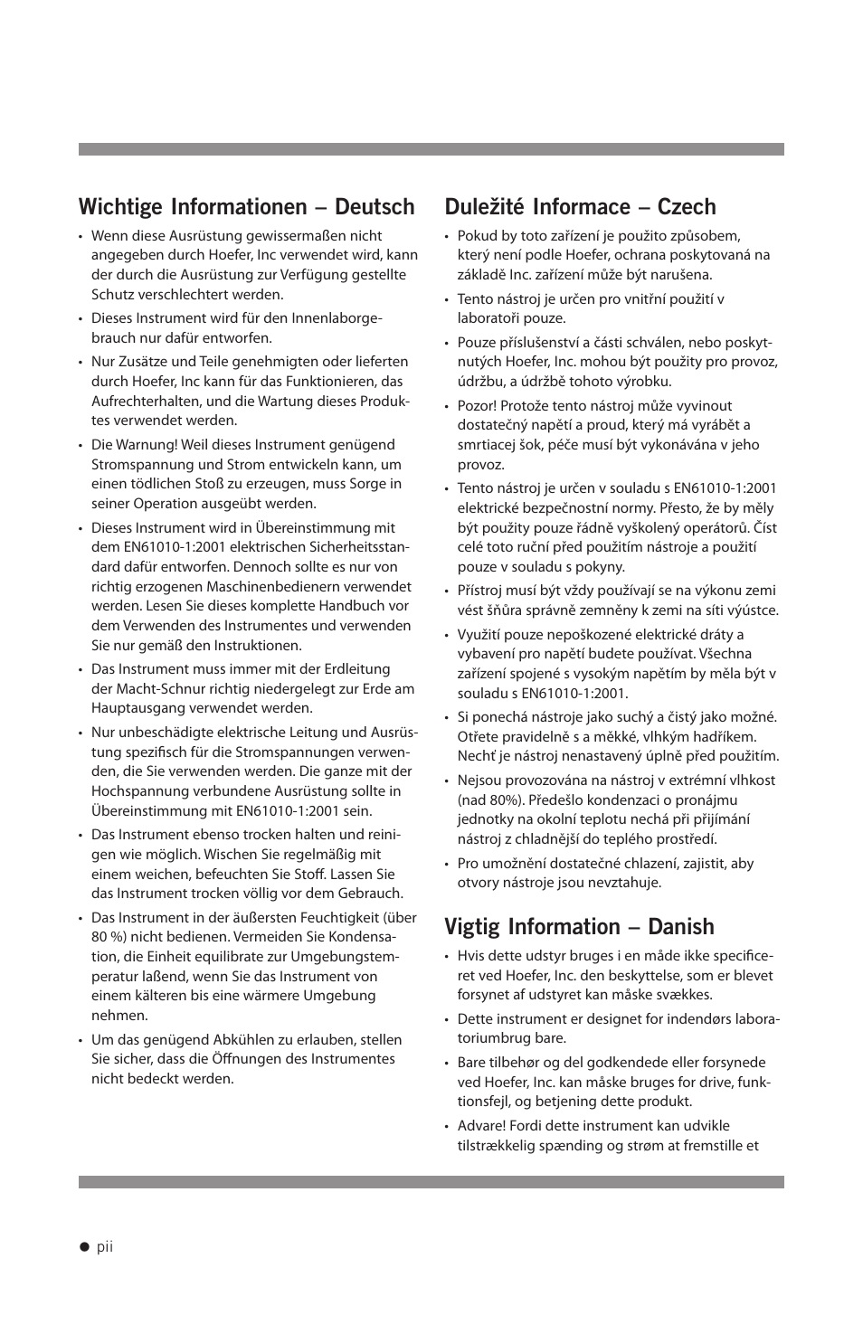 Wichtige informationen – deutsch, Duležité informace – czech, Vigtig information – danish | Hoefer HB1000 User Manual | Page 3 / 31