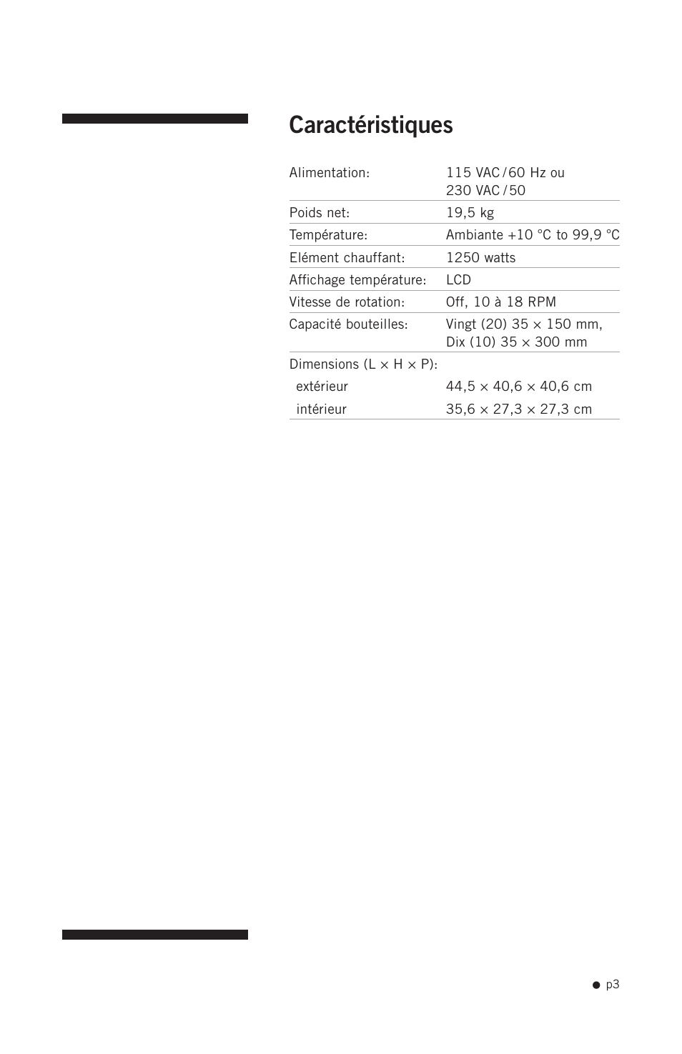 Caractéristiques | Hoefer HB1000 User Manual | Page 12 / 31