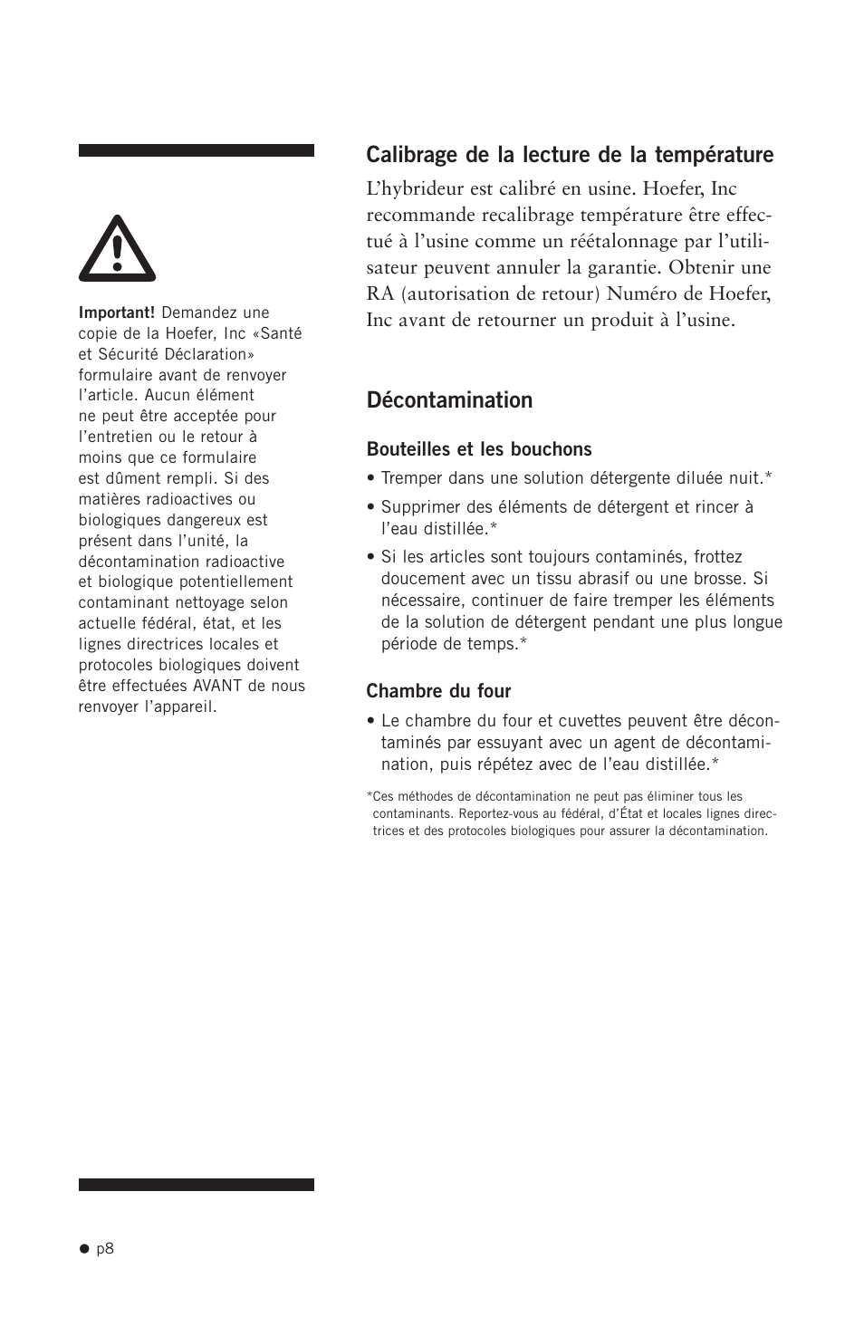 Calibrage de la lecture de la température, Décontamination | Hoefer HB1000 User Manual | Page 17 / 31