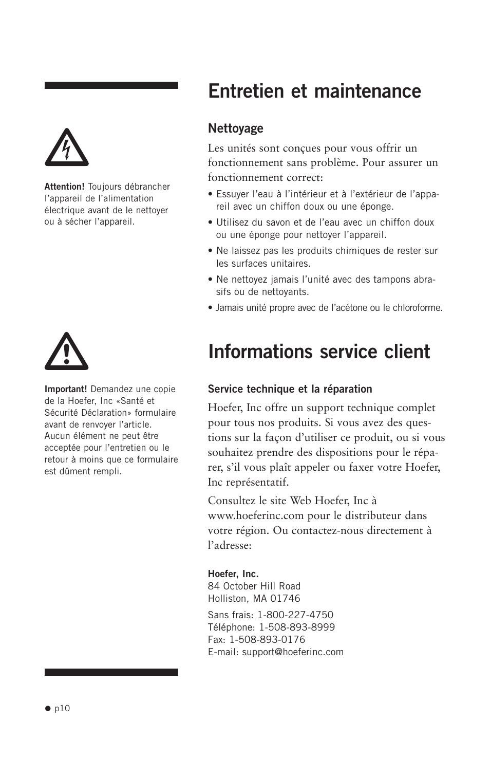 Entretien et maintenance, Informations service client | Hoefer HB1000 User Manual | Page 19 / 31