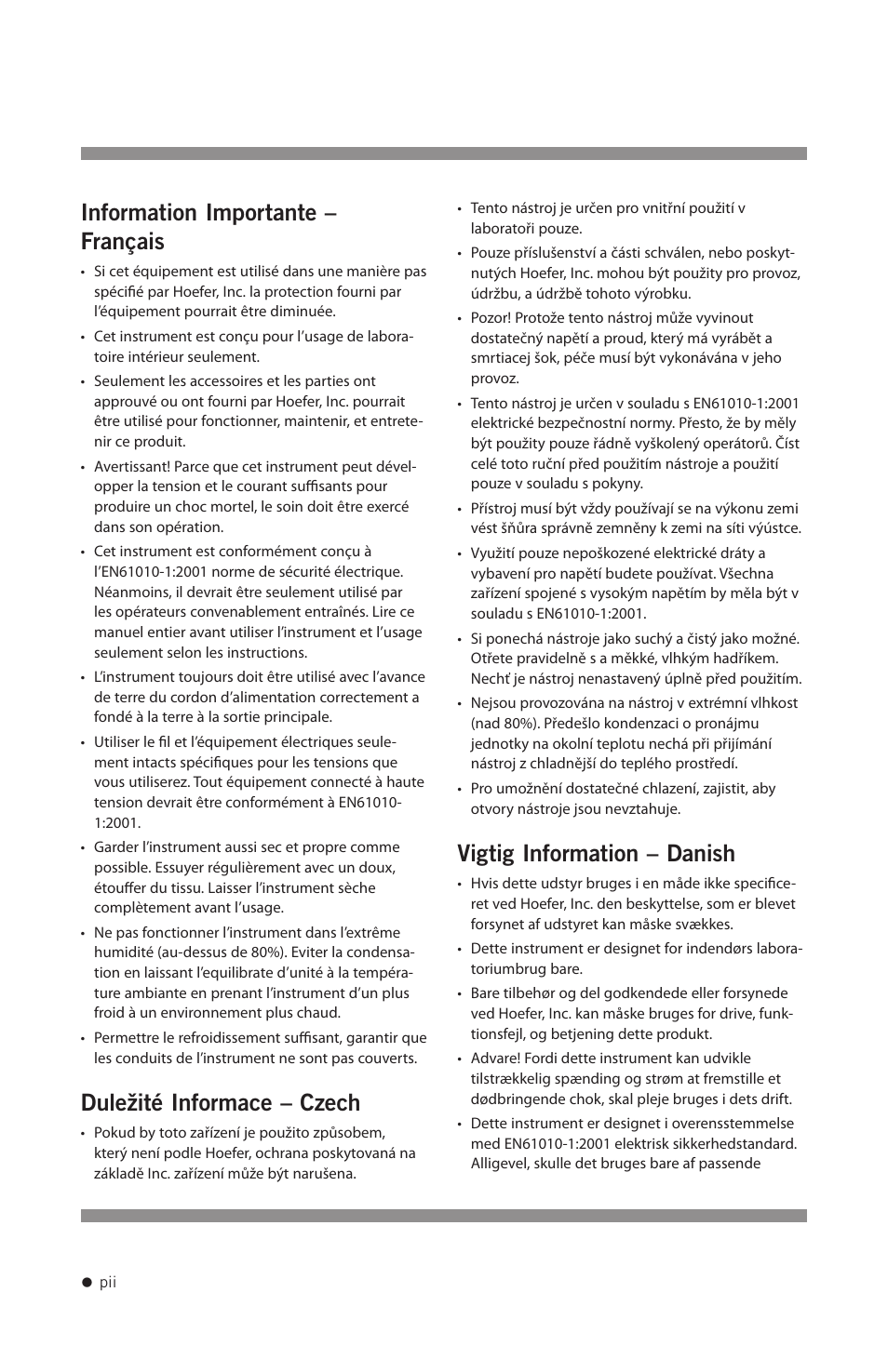 Information importante – français, Duležité informace – czech, Vigtig information – danish | Hoefer HB1000 User Manual | Page 3 / 31