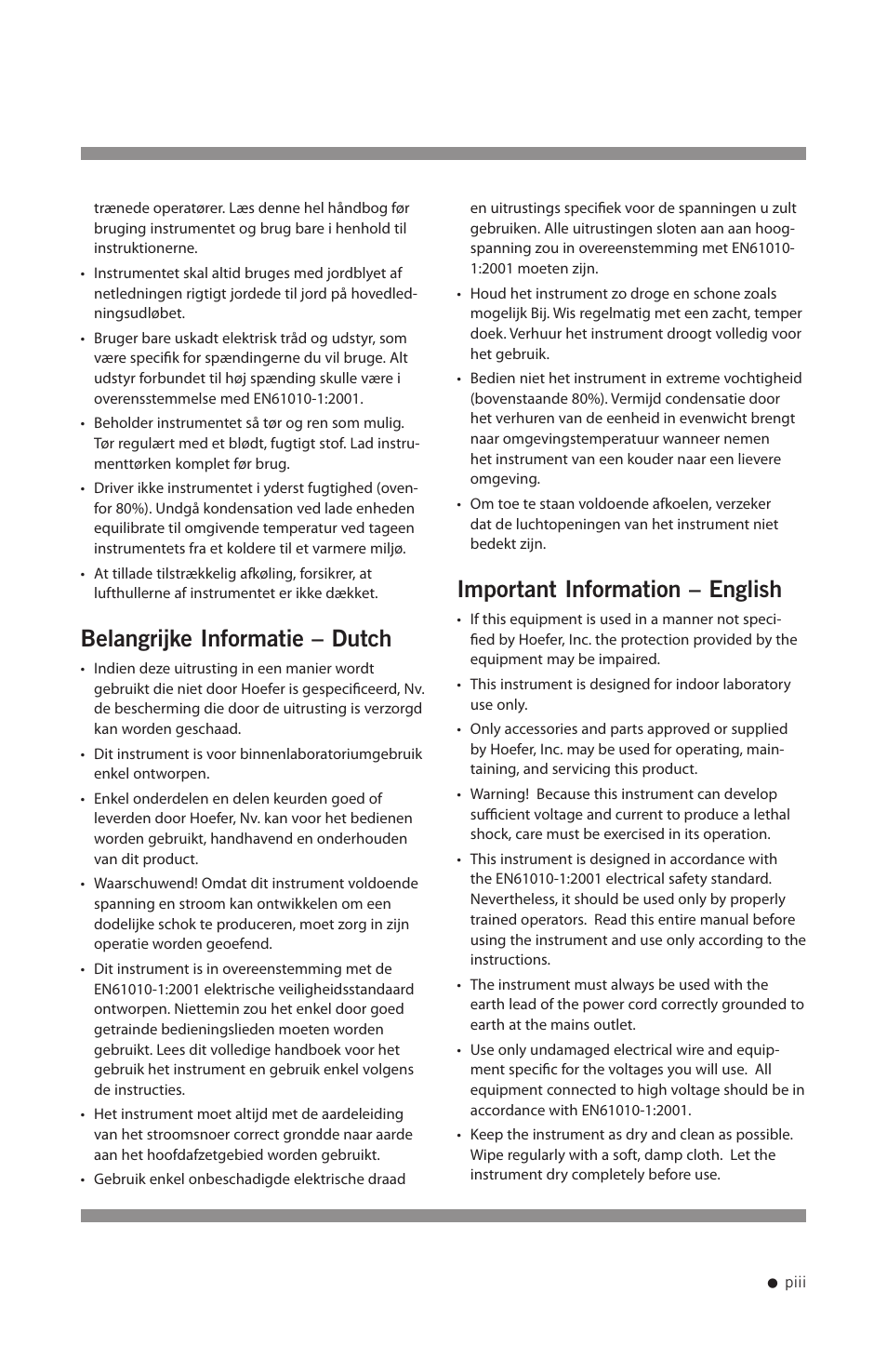 Belangrijke informatie – dutch, Important information – english | Hoefer HB1000 User Manual | Page 4 / 31