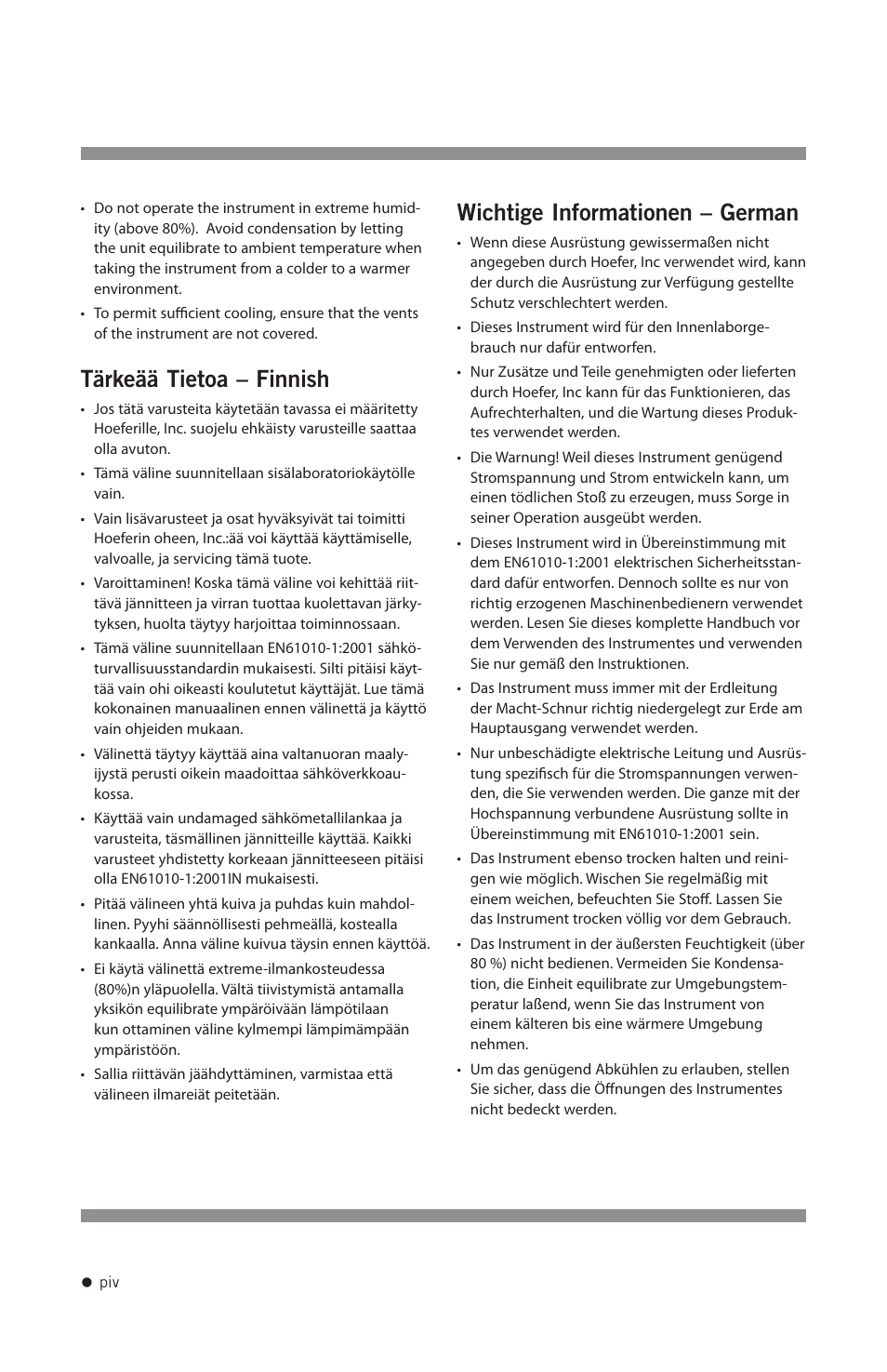 Tärkeää tietoa – finnish, Wichtige informationen – german | Hoefer HB1000 User Manual | Page 5 / 31