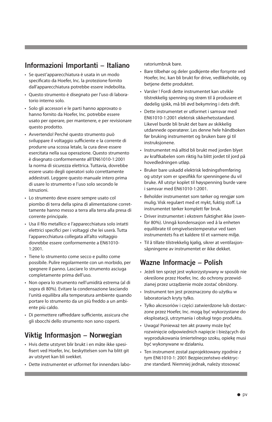 Informazioni importanti – italiano, Viktig informasjon – norwegian, Wazne informacje – polish | Hoefer HB1000 User Manual | Page 6 / 31