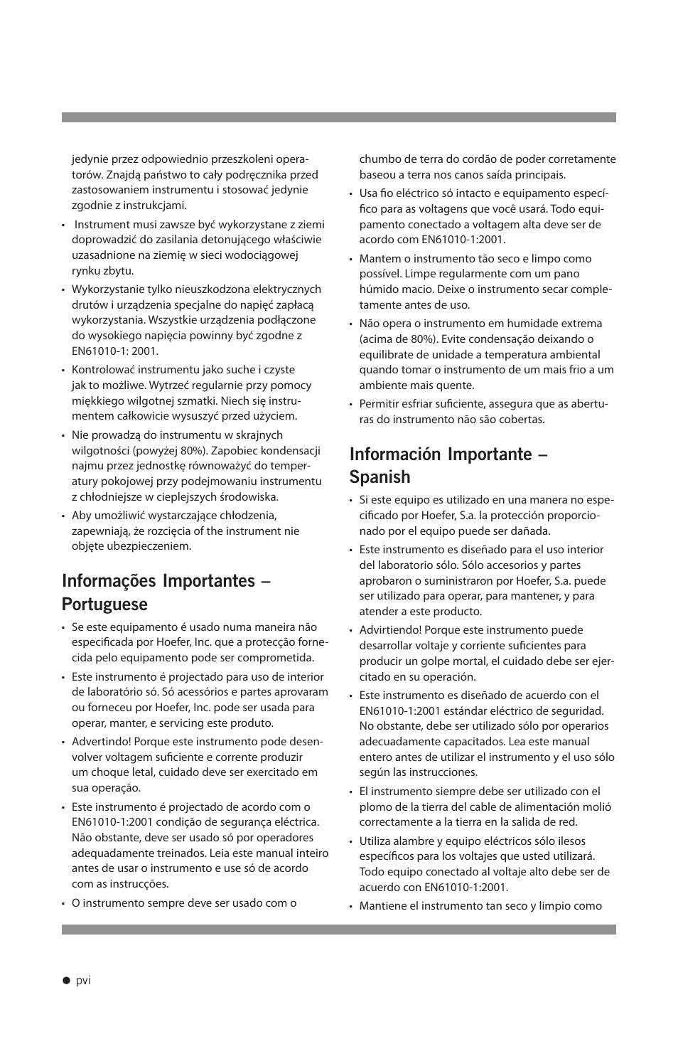 Informações importantes – portuguese, Información importante – spanish | Hoefer HB1000 User Manual | Page 7 / 31