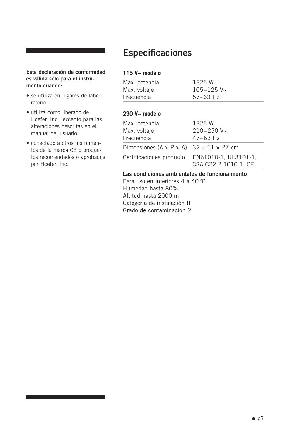 Especificaciones | Hoefer SE1200 User Manual | Page 12 / 27