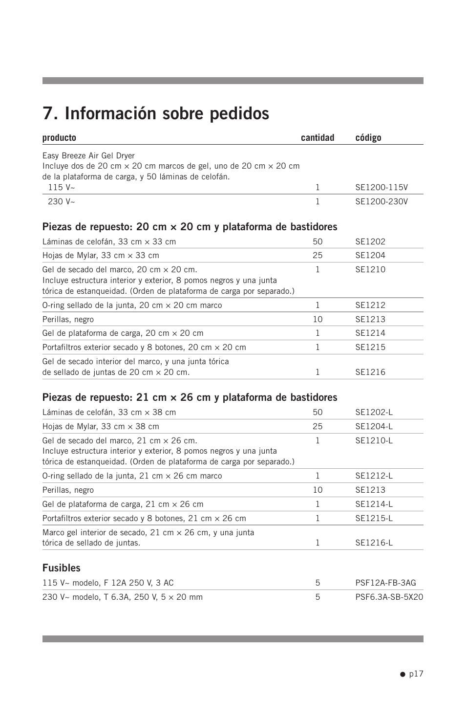 Información sobre pedidos, Fusibles | Hoefer SE1200 User Manual | Page 26 / 27