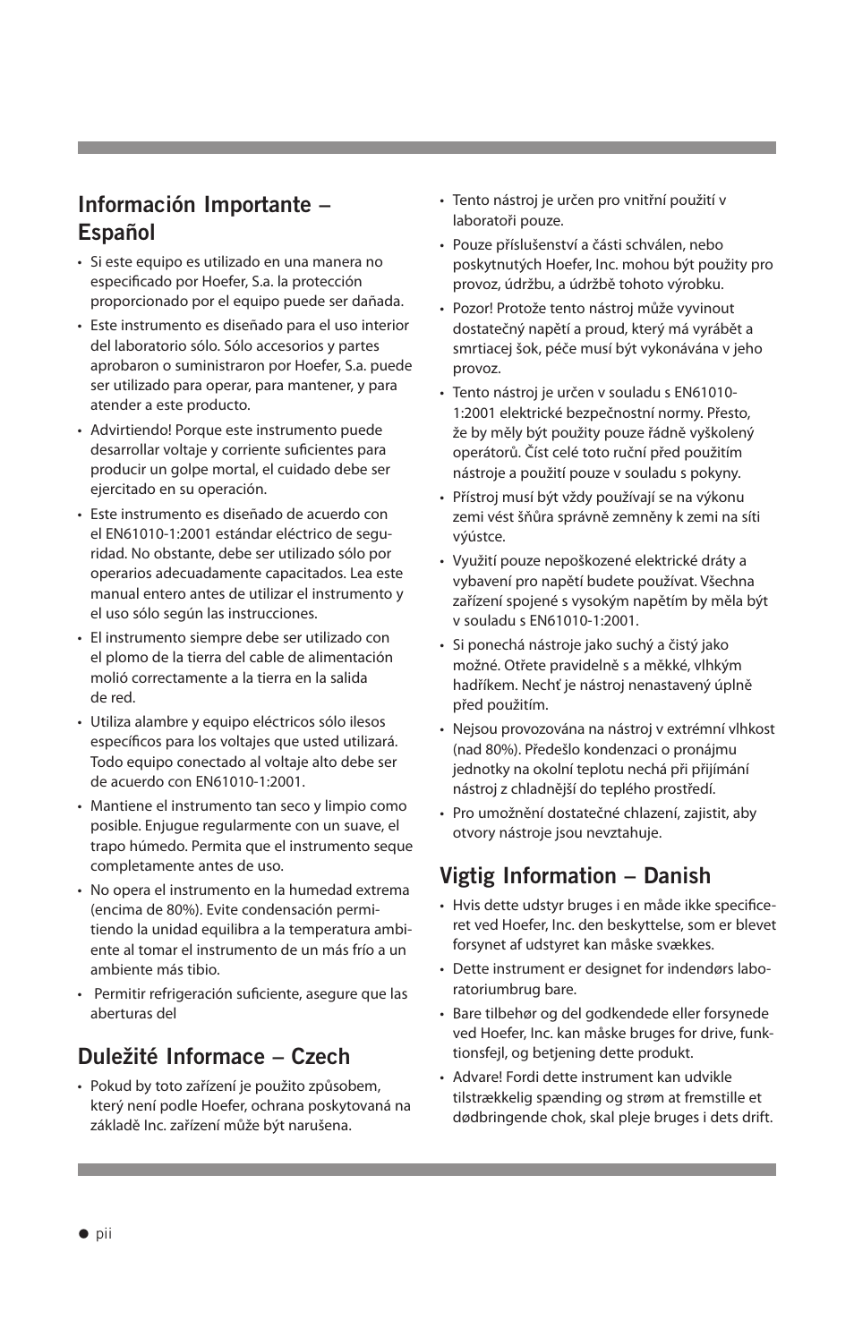 Información importante – español, Duležité informace – czech, Vigtig information – danish | Hoefer SE1200 User Manual | Page 3 / 27