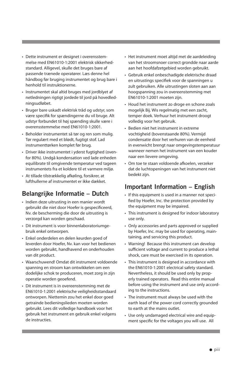 Belangrijke informatie – dutch, Important information – english | Hoefer SE1200 User Manual | Page 4 / 27