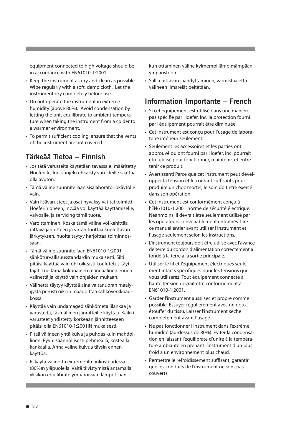 Tärkeää tietoa – finnish, Information importante – french | Hoefer SE1200 User Manual | Page 5 / 27