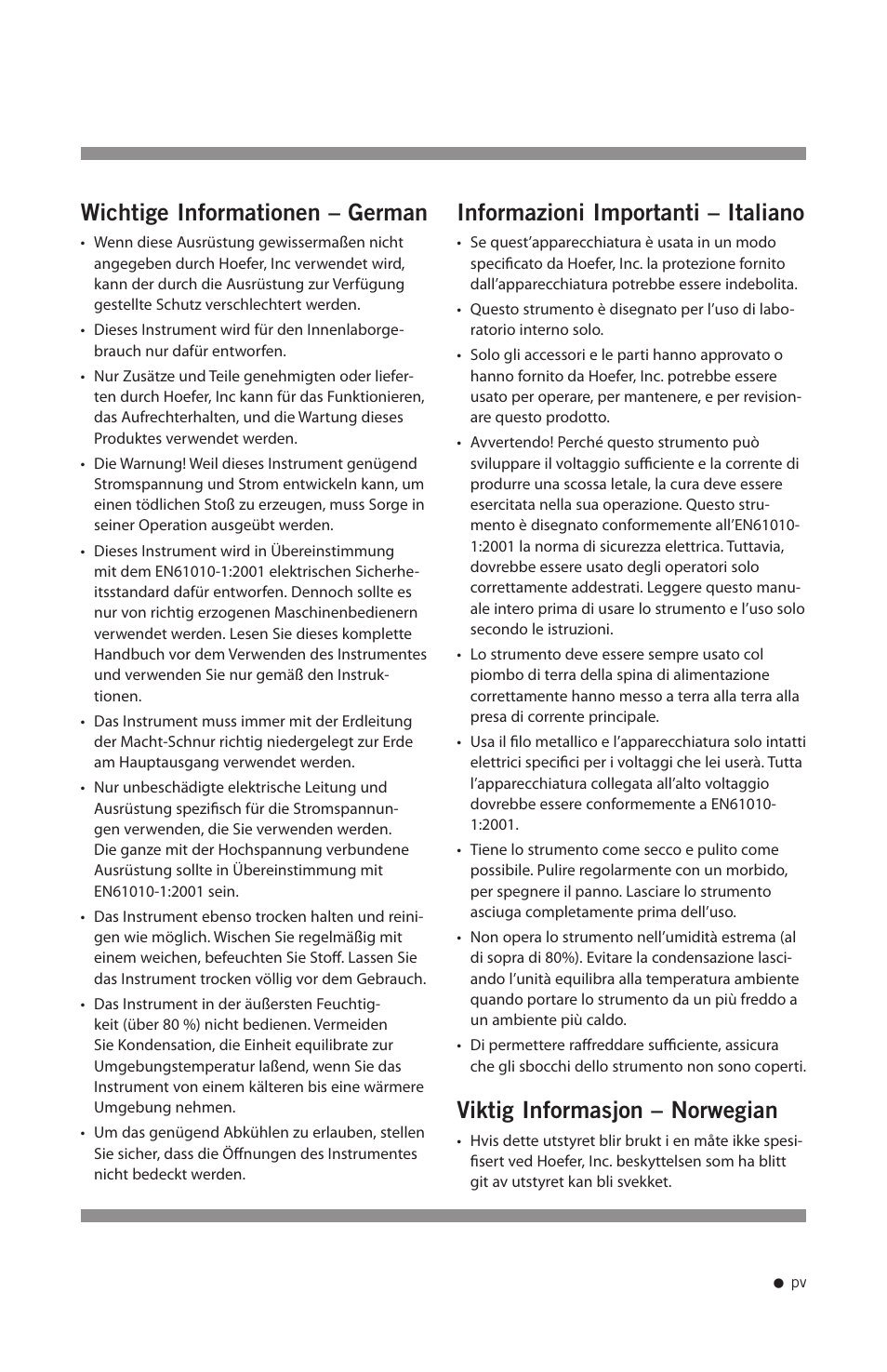 Wichtige informationen – german, Informazioni importanti – italiano, Viktig informasjon – norwegian | Hoefer SE1200 User Manual | Page 6 / 27