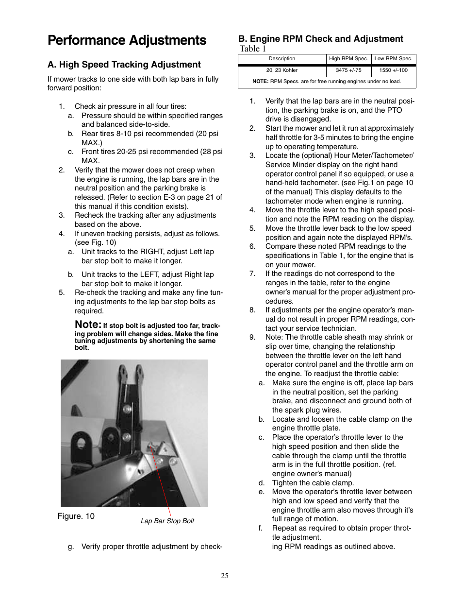 Performance adjustments | Cub Cadet 20HP Z-Force 44 User Manual | Page 25 / 32