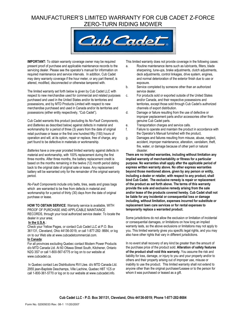 Cub Cadet 20HP Z-Force 44 User Manual | Page 32 / 32