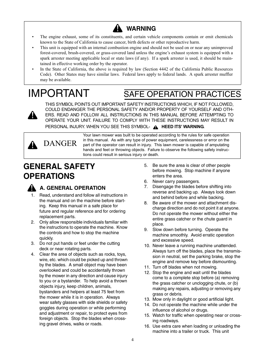 Important, Safe operation practices, Danger general safety operations | Warning | Cub Cadet 20HP Z-Force 44 User Manual | Page 4 / 32