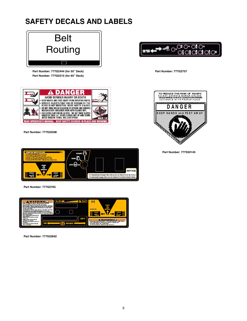 Belt routing, Safety decals and labels | Cub Cadet 20HP Z-Force 44 User Manual | Page 8 / 32