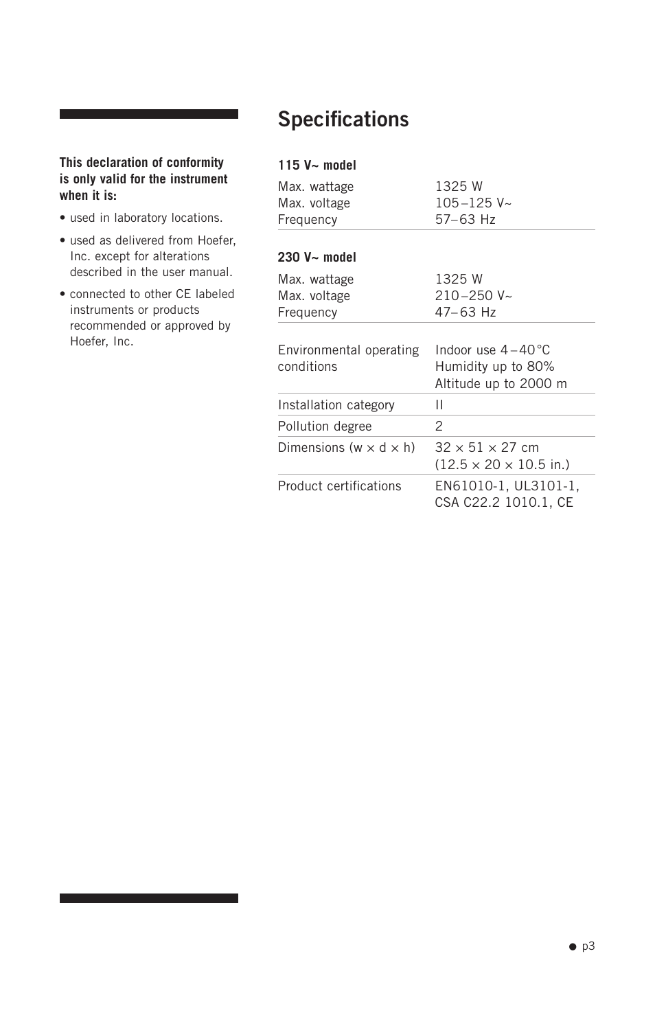 Specifications | Hoefer SE1200 User Manual | Page 12 / 27