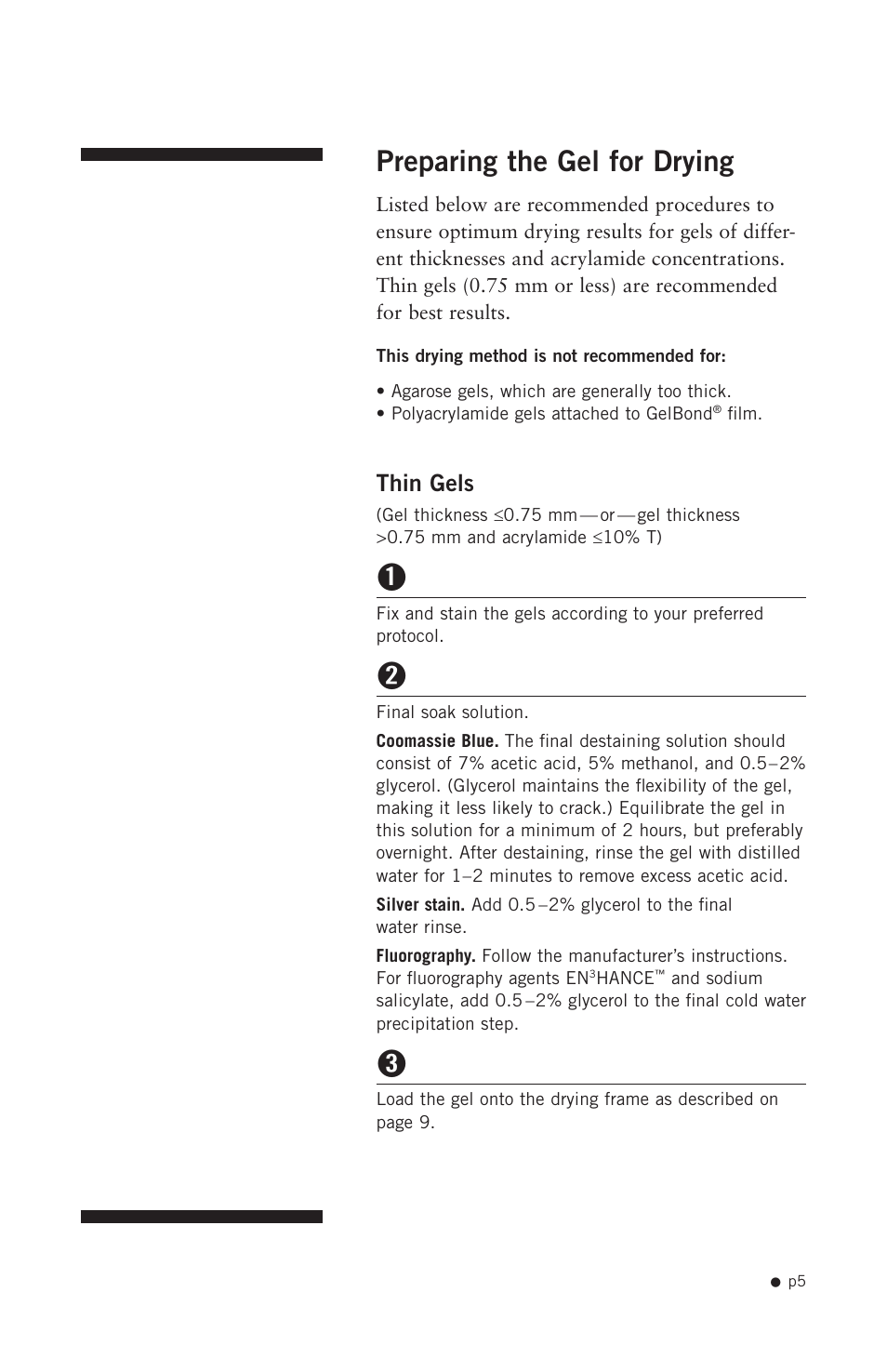 Preparing the gel for drying, Thin gels | Hoefer SE1200 User Manual | Page 14 / 27