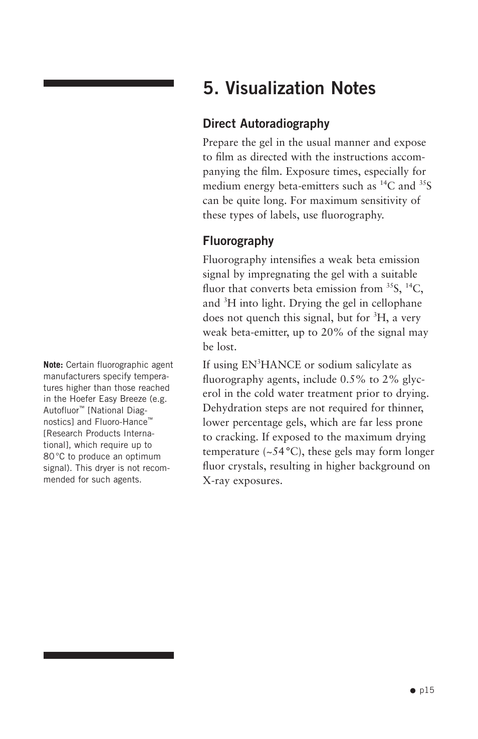 Visualization notes, Direct autoradiography, Fluorography | Hoefer SE1200 User Manual | Page 24 / 27