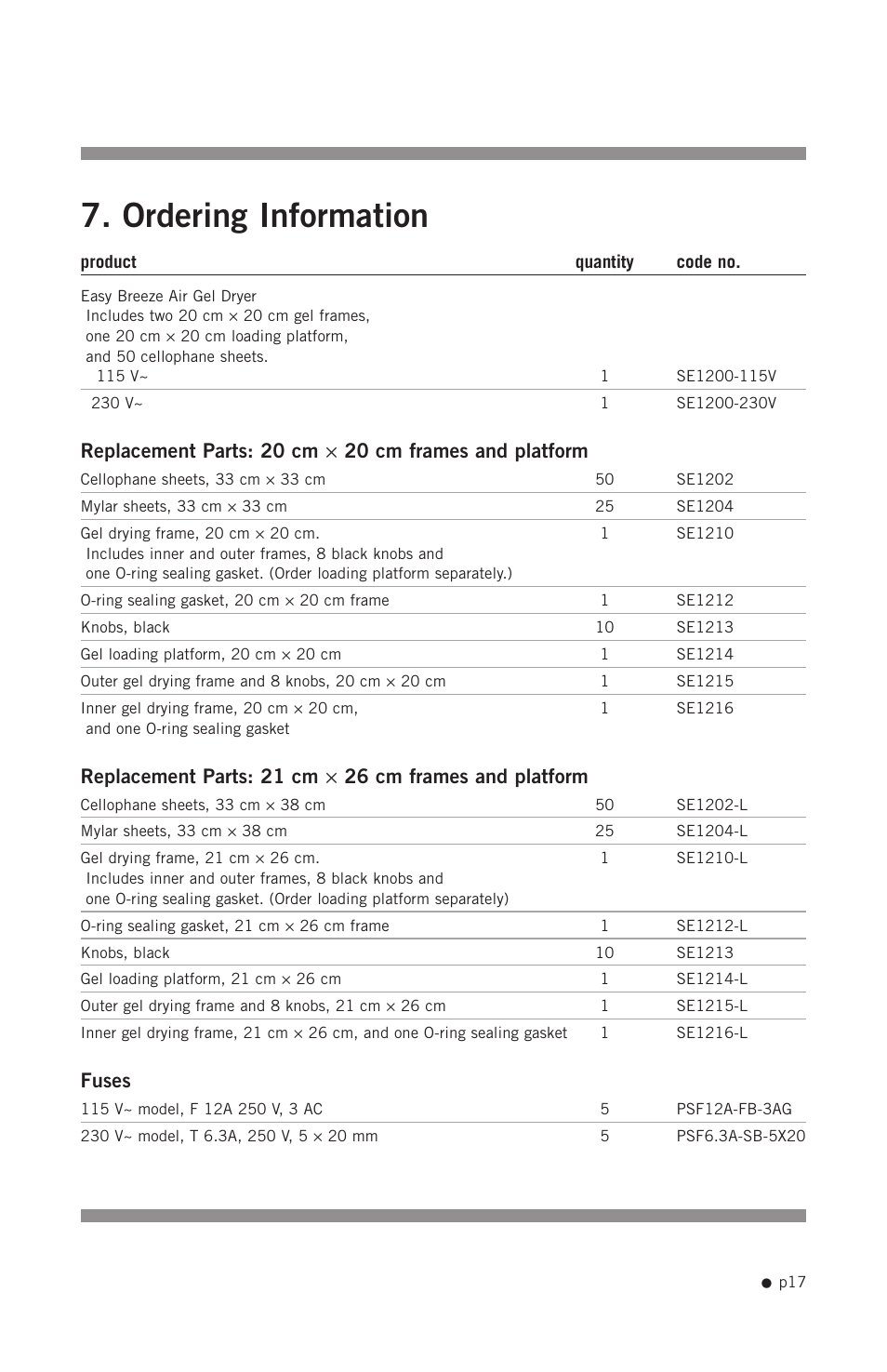 Ordering information, Fuses | Hoefer SE1200 User Manual | Page 26 / 27