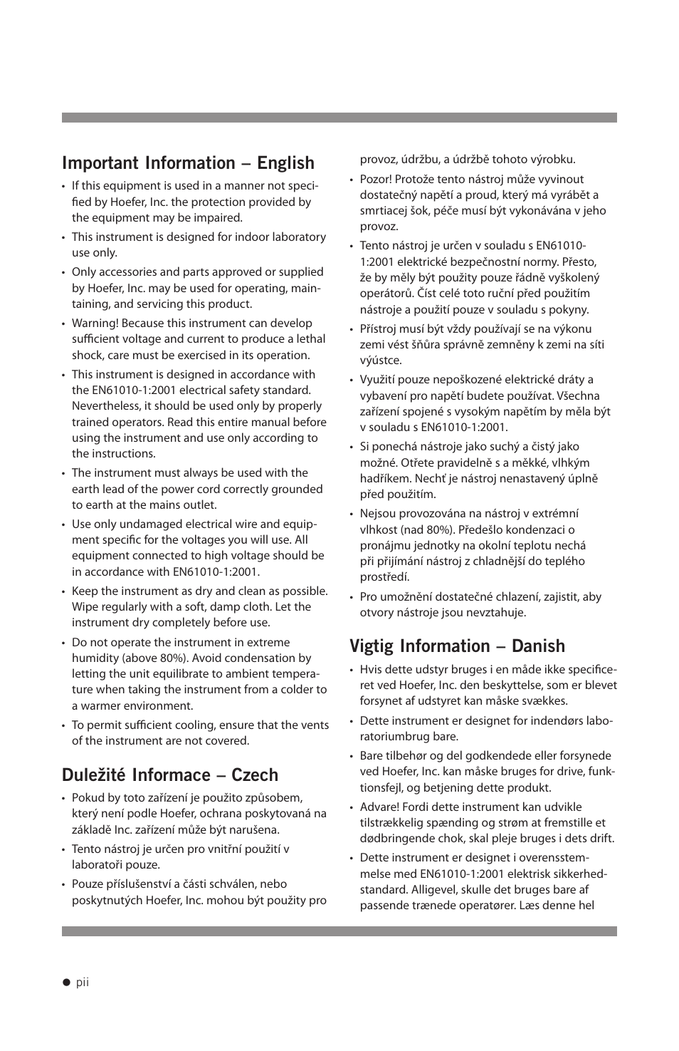 Important information – english, Duležité informace – czech, Vigtig information – danish | Hoefer SE1200 User Manual | Page 3 / 27