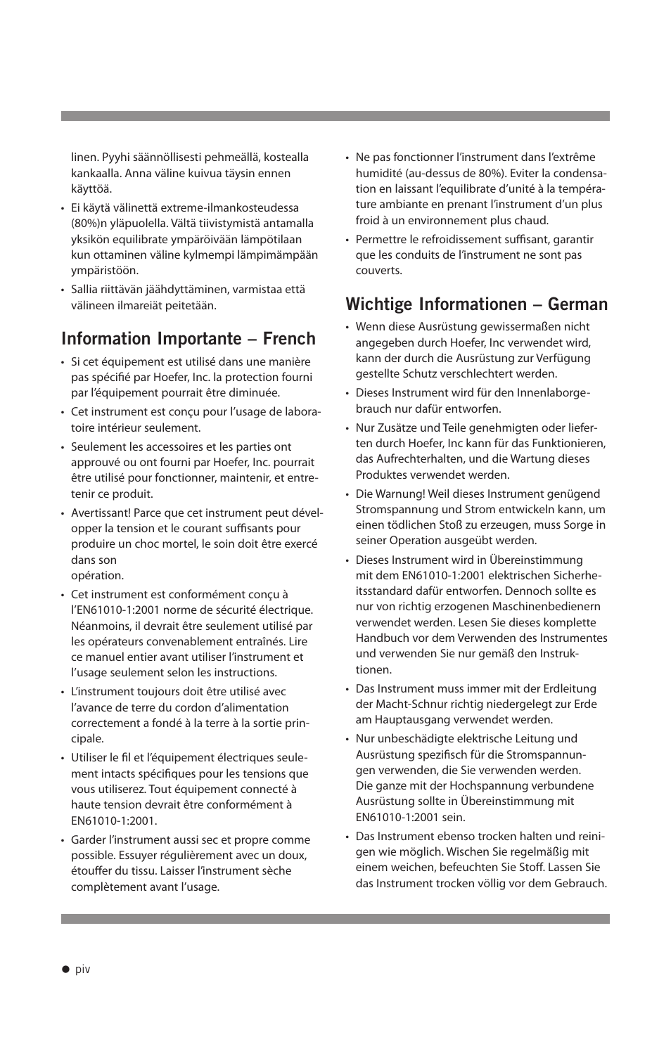 Information importante – french, Wichtige informationen – german | Hoefer SE1200 User Manual | Page 5 / 27