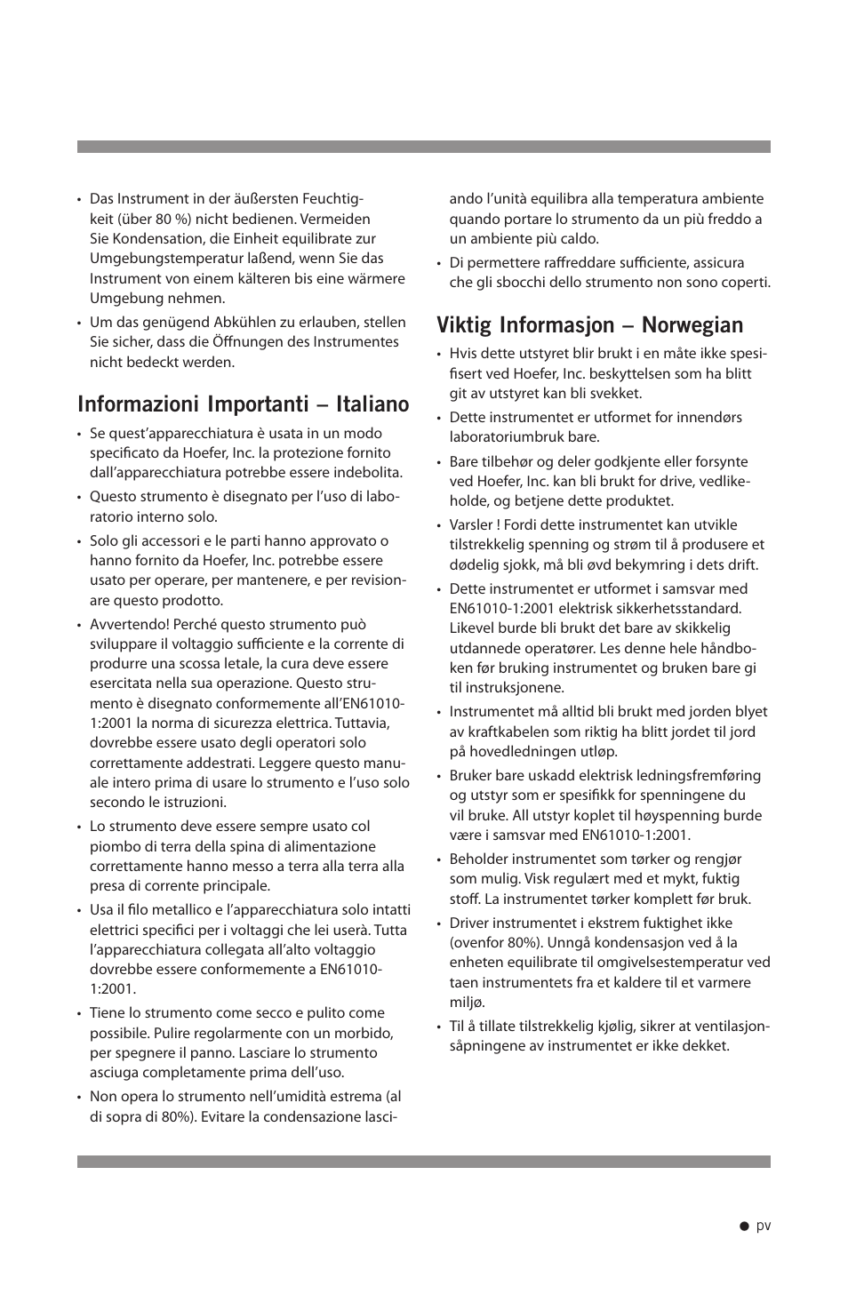 Informazioni importanti – italiano, Viktig informasjon – norwegian | Hoefer SE1200 User Manual | Page 6 / 27