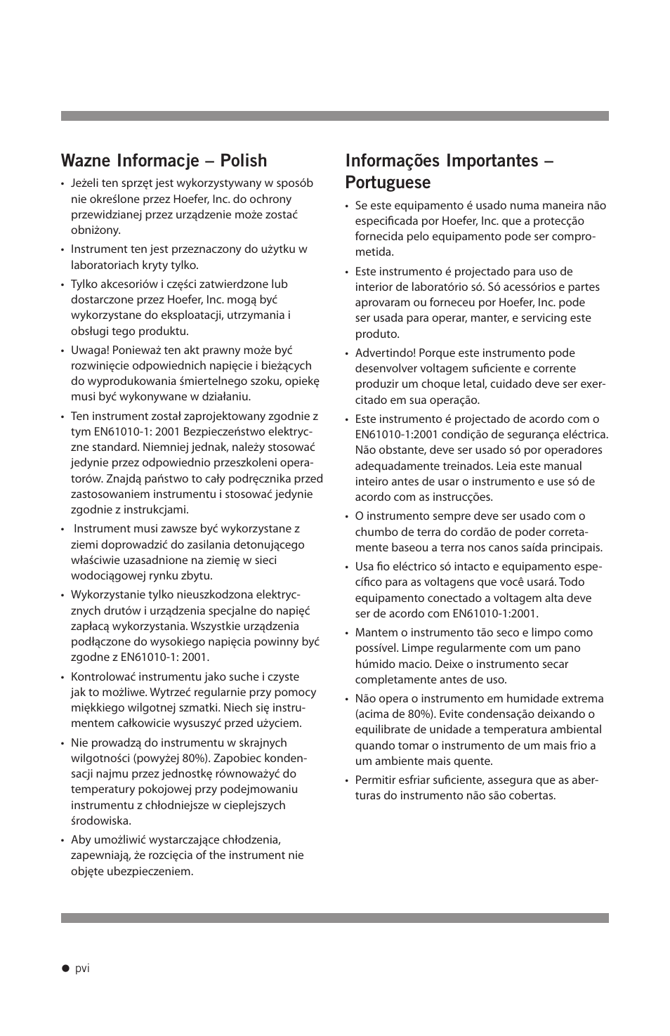 Wazne informacje – polish, Informações importantes – portuguese | Hoefer SE1200 User Manual | Page 7 / 27