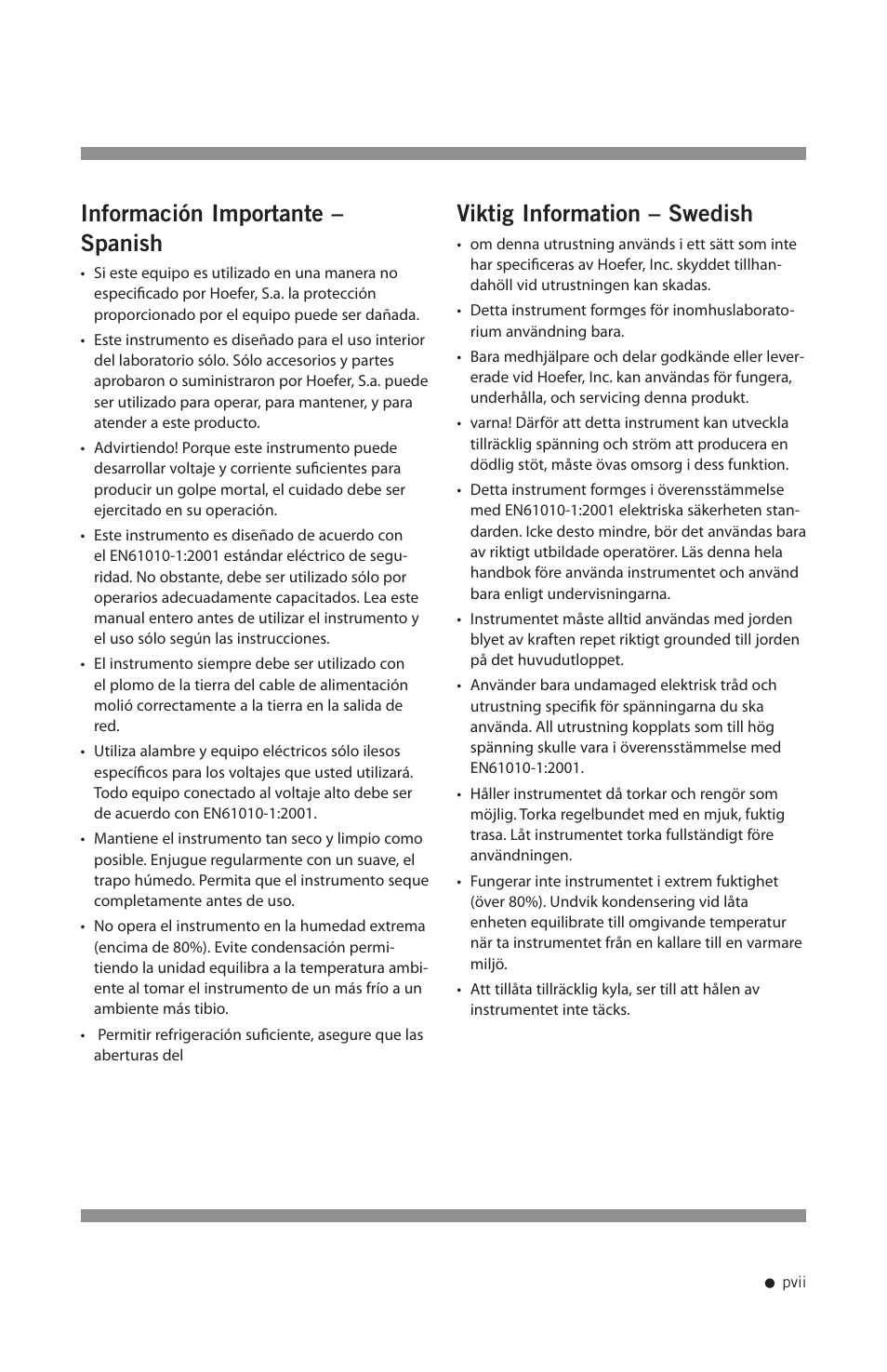 Información importante – spanish, Viktig information – swedish | Hoefer SE1200 User Manual | Page 8 / 27
